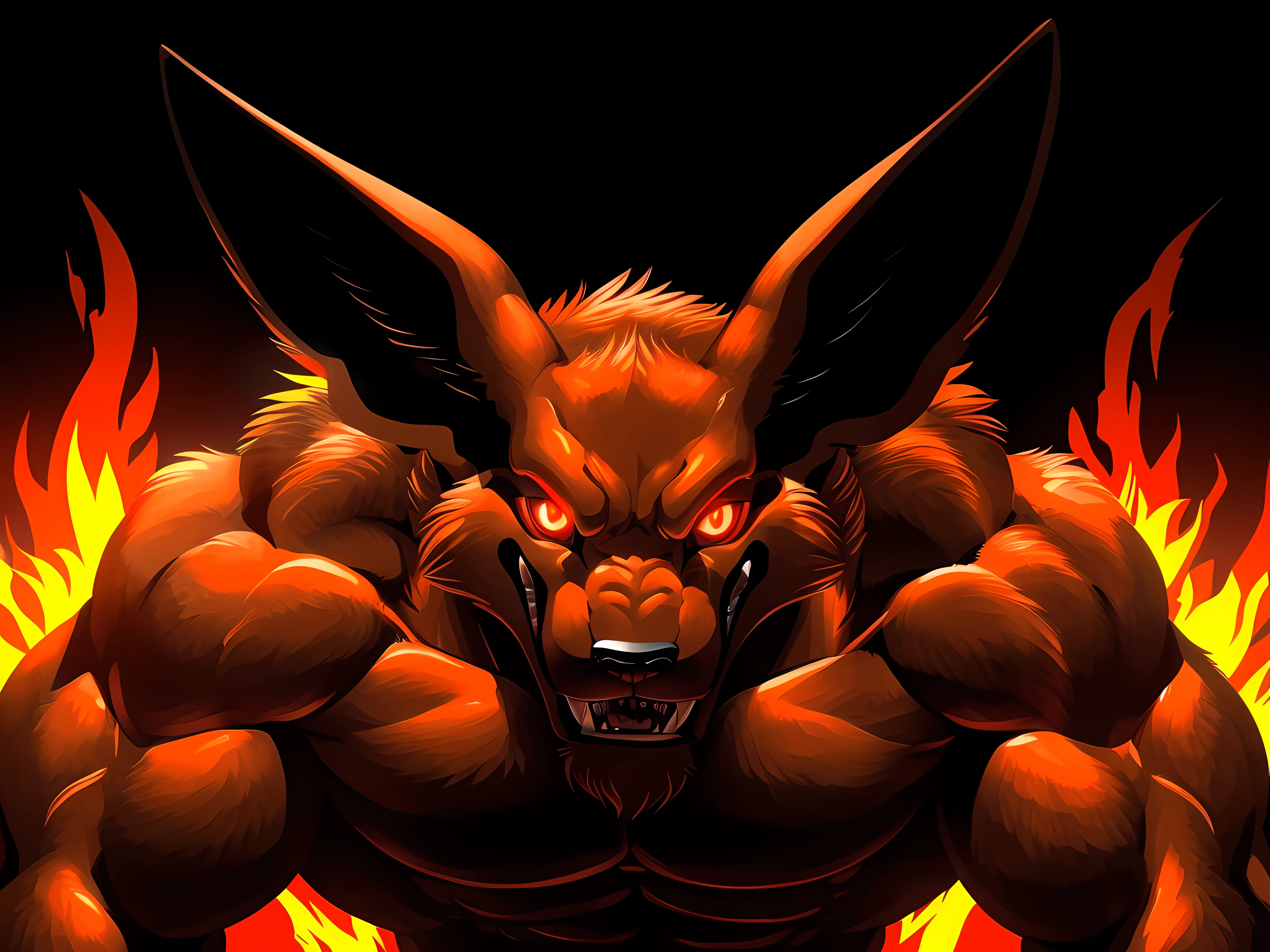 kurama, 4k, high resolution, best quality, posted on e621, solo, anthro body, male, adult, very masculine, (very muscular, heavyweight, defined muscles:1.2), (no background, black background, background red flames, background red fire, forest on fire, stylized background:1.2), (by wfa:1.0), (by negger:1.0), (detailed eyes, red eyes, evil eyes, looking at camera:1.1), (cel shaded:1.2), cartoony shading, serious eyes, open mouth, smile, (on all fours, crawling towards camera:1.1), (dramatic lighting, glow, darkness:1.4), close-up