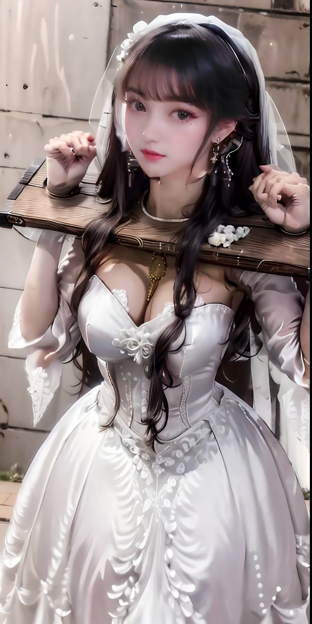 Close-up of a beautiful bride in a beautiful wedding dress, Gurvetz,( pillory:1.5), Flail on the head, Flail on the hands, Flail,(Bridal veil: 1.5), (Short transparent veil: 1.5), Flushed face, Head flower, head gear, (Tubular wedding dress: 1.5), (Silk dress: 1.2 ), (Strapless wedding dress: 1.5), Pure white dress, necklace, Earrings, (Huge breasts: 1.3), Deep V heart collar wedding dress, bangs, lipstick, (Lace gloves: 1.3), Full body photo, High detail RAW color art, a white long skirt, Whole body, with hands behind her back, and floor-length skirts,