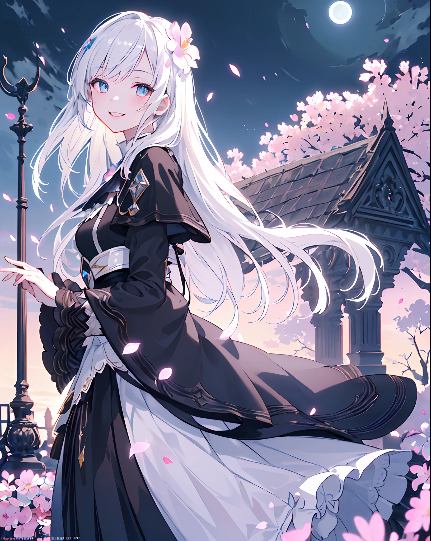 masterpiece, best quality, 1girl, (colorful),(finely detailed beautiful eyes and detailed face),cinematic lighting,bust shot,extremely detailed CG unity 8k wallpaper,white hair,solo,smile,intricate skirt,((flying petal)),(Flowery meadow) sky, cloudy_sky, building, moonlight, moon, night, (dark theme:1.3), light, fantasy,