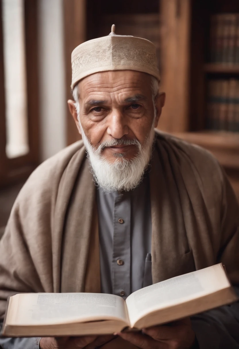 A muslim old man with open eyes looks in the camera with book in hand in a bookroom background