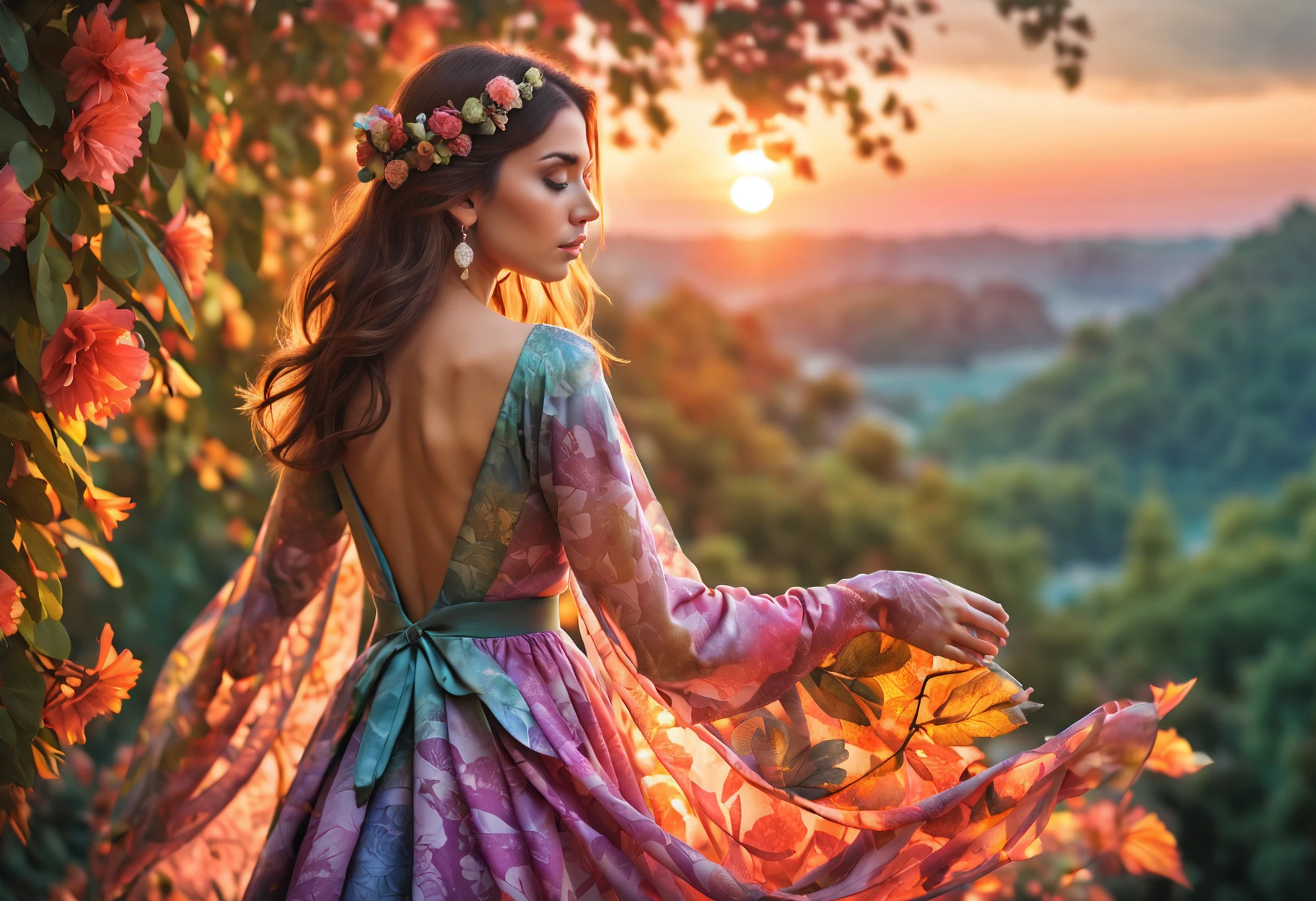 (hyperrealistic photo of beautiful woman), leafy dress, colorful, looking at sunset background,dress made of flowers and leaf, mauve theme,exposure blend, , bokeh, (hdr:1.4), high contrast, (cinematic, teal and orange:0.85), (muted colors, dim colors, soothing tones:1.3), low saturation,midjourney
,FUJI,midjourney