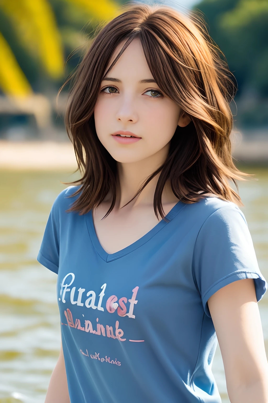 Cabello largo ,, Max Caulfield , ojos grandes , girlish,
brown hair , feliz , , piel suave, , ojos expresivos , , , camiseta azul, y pantalones rosas ,
, on the river , ,, puesta de sol , sentarse
