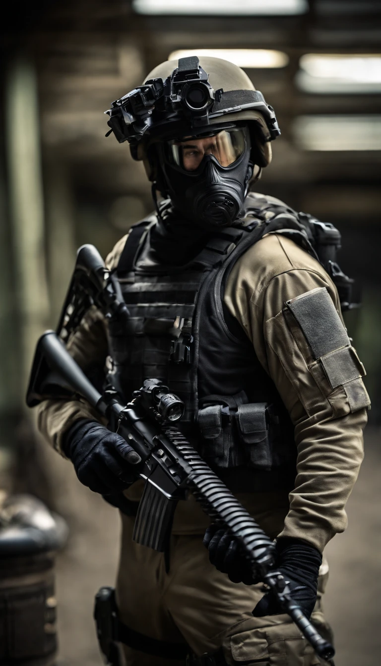 (Best quality,4K,8K,A high resolution,Masterpiece:1.2),Ultra-detailed,(Realistic,Photorealistic,photo-realistic:1.37), One of them was wearing a black SWAT suit,Man in black helmet, A man in a black mask holds a gun, Air rifle CQB, French Special Operations, realistic soldiers, Soldiers in tactical equipment, tactical gear, cinematic —ar 16:9, realistic military equipment, Tactical armor, Black tactical equipment, combat outfit, Futuristic soldier costume, special forces security