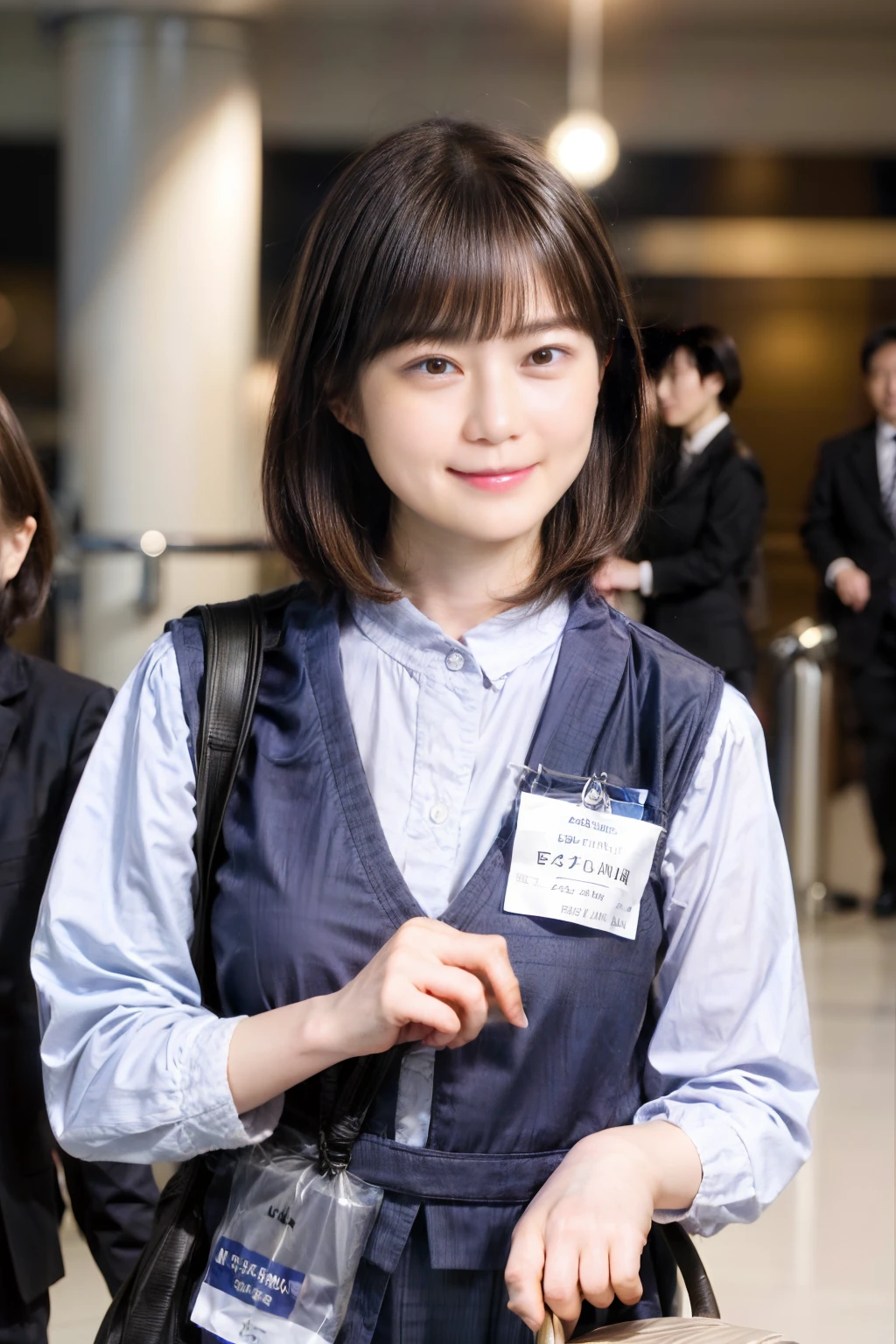 51
(19-year-old woman), (A hyper-realistic), (masutepiece), Short bob cut, Airport Cabin Attendant, kindly smile