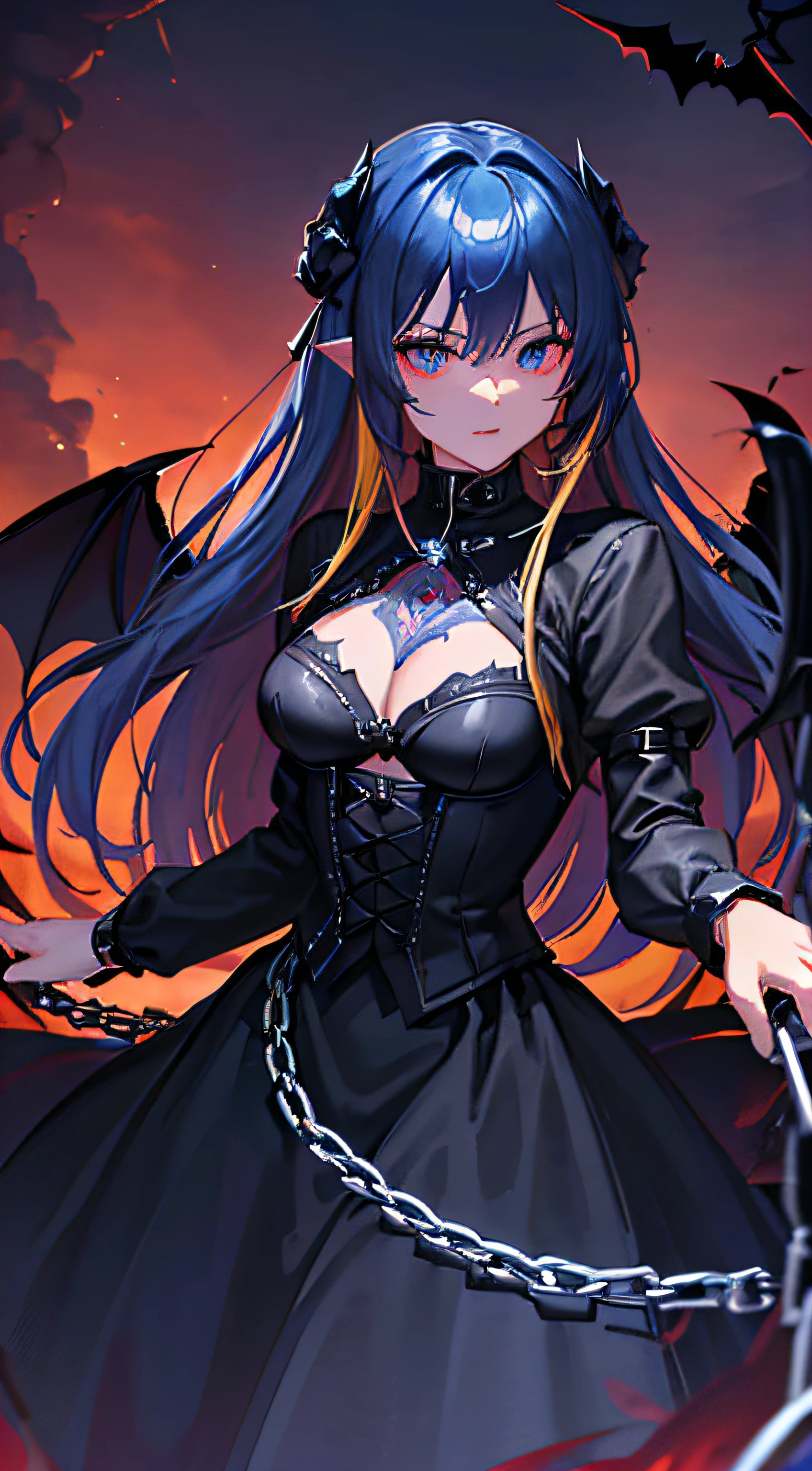 top-quality、Top image quality、masterpiece、girl with((18year old、Dark clothing、Dark bra、Dark skirt、 Best Bust、Bust 90、Blonde long、Blue eyes、open chest wide、Valley、Happiness、A slender、Provocative behavior、Evil face、Handcuffed、High laughter、Skull Tattoo、Tattoo of roses、Targeting your audience、Tighten blue rose hair、Aura of Darkness,Dark Forces,blue flames、Chain Accessories、Black wings、Black manicure、Holding the black whip))hiquality、Beautiful Art、Background with((prison、Dark impression、nightcity,Red sky、Many bats、many chains、the magma))、masutepiece、Elaborate design、visualart、dark art