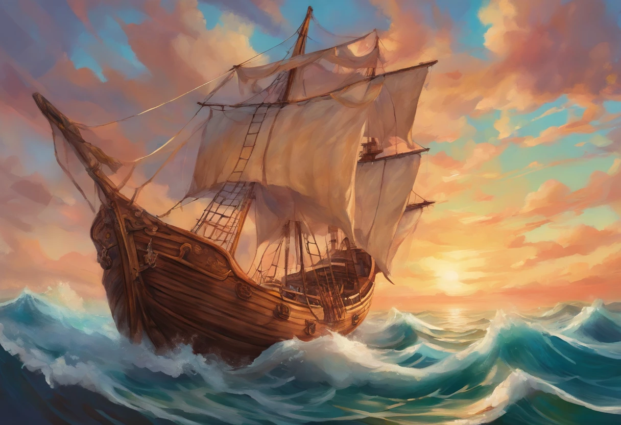 Painting depicting a wooden sailing ship, schooner