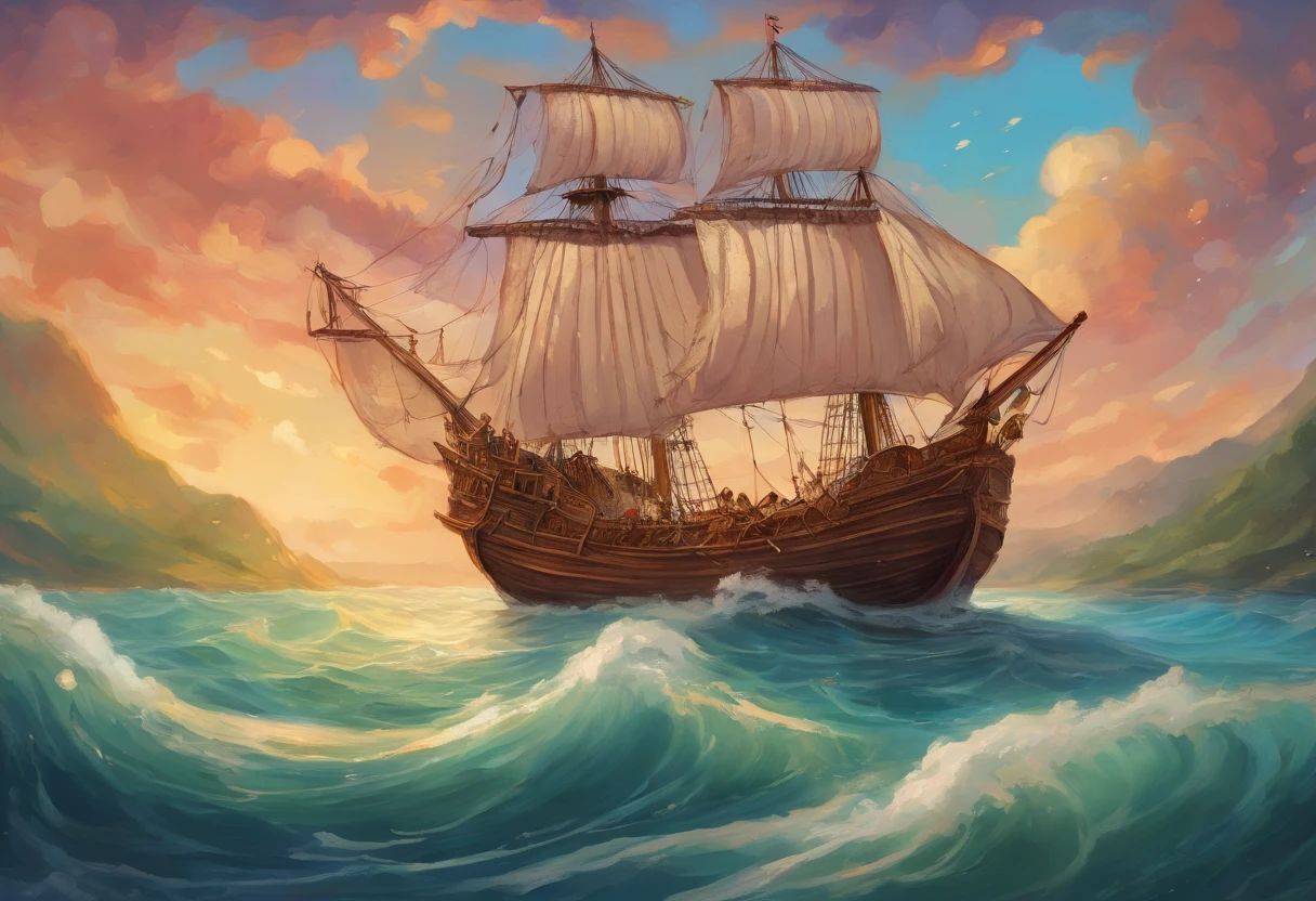 Painting depicting a wooden sailing ship, schooner
