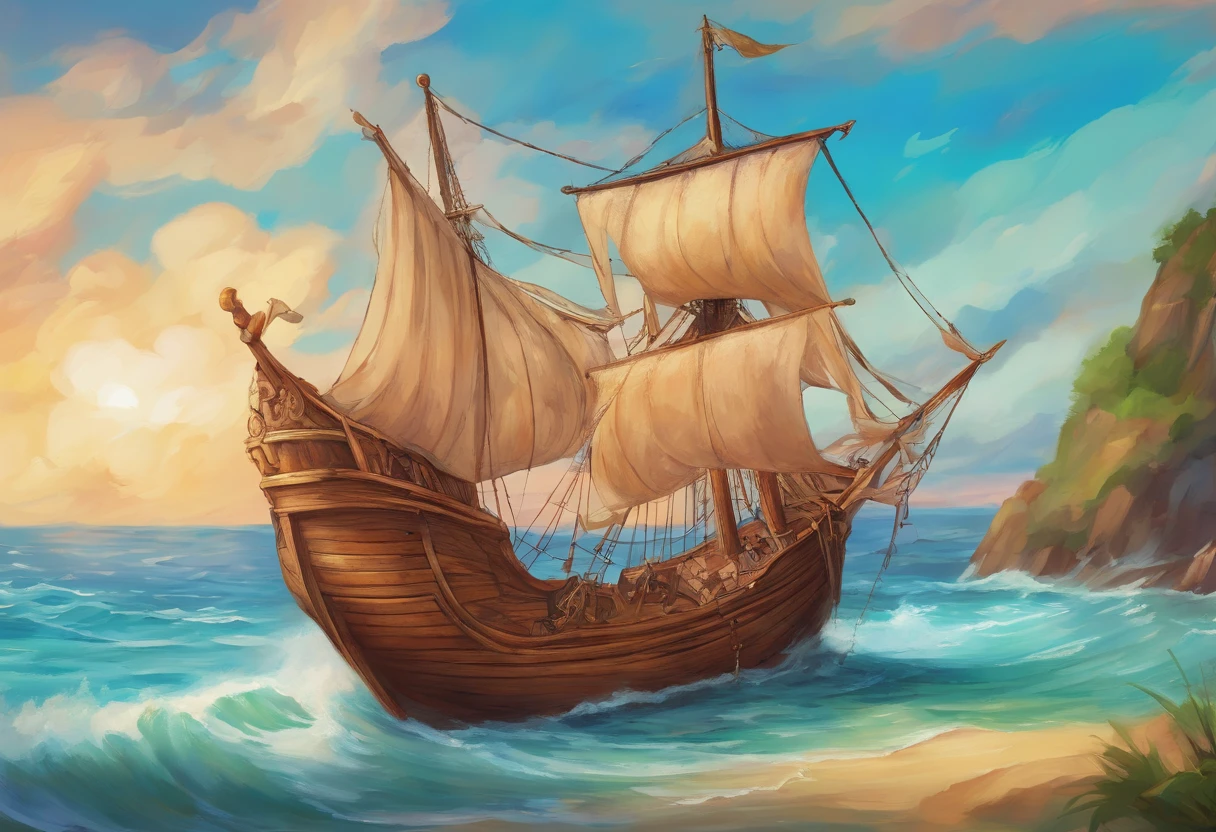 Painting depicting a wooden sailing ship, schooner