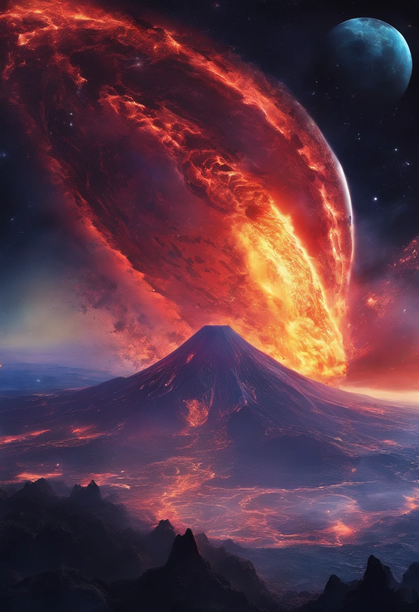 volcano exploding，Magma splashes，Giant flying saucers in the crater，super-fine，Works of masters，Best picture quality，Ultra-clear，8K分辨率