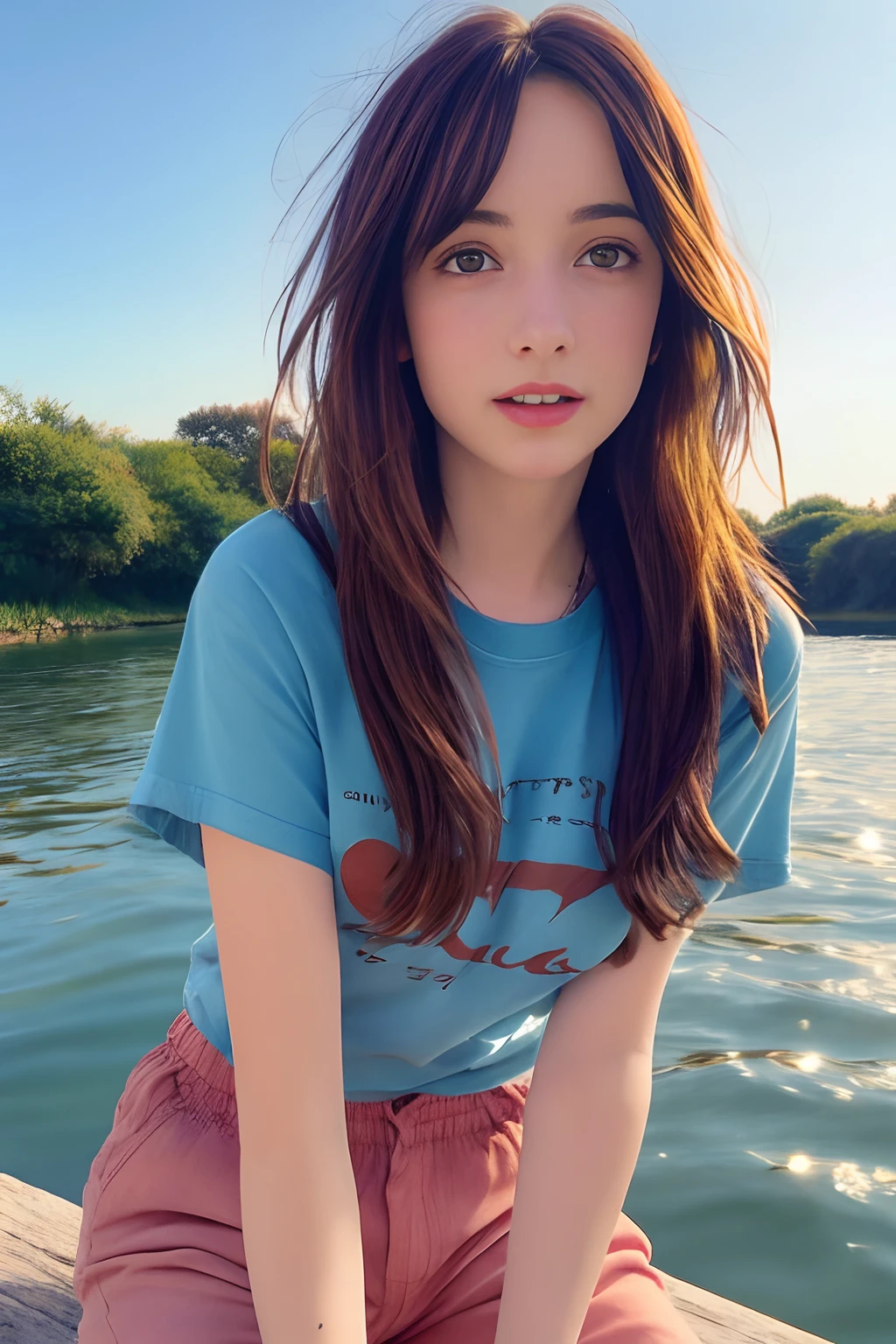 Cabello largo ,, Max Caulfield , ojos grandes , girlish,
brown hair , feliz , , piel suave, , ojos expresivos , , , camiseta azul, y pantalones rosas ,
, on the river , ,, puesta de sol , sentarse