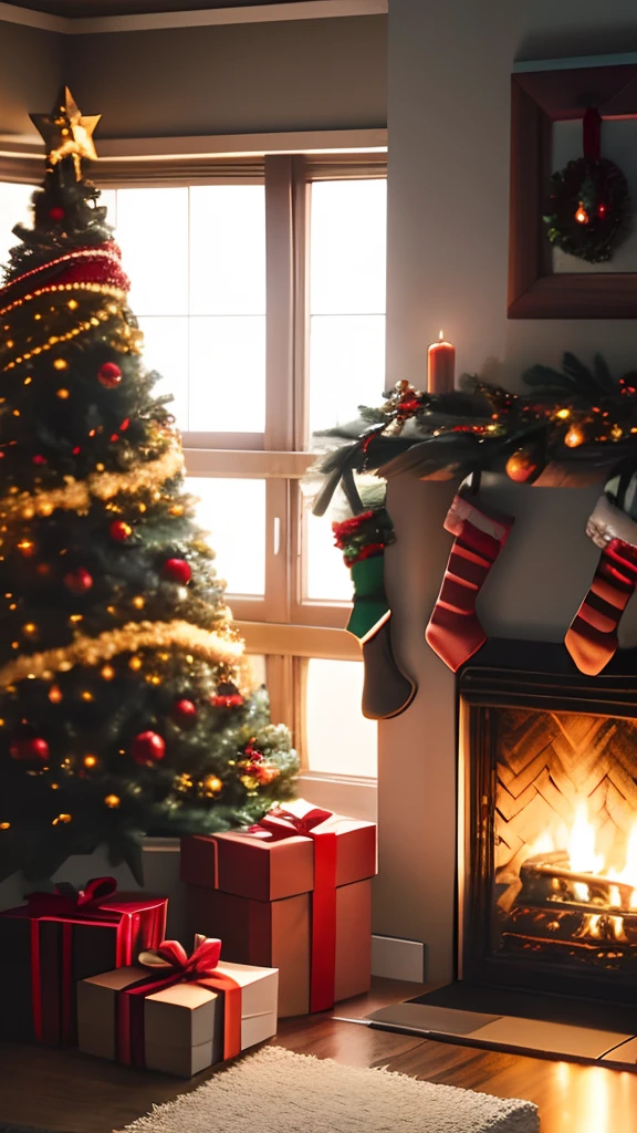 turkey，christmas，Christmas stockings hung on the fireplace，gifts，Christmas tree，tmasterpiece，hyper HD，8k，Octane rendering，Cinematic texture，