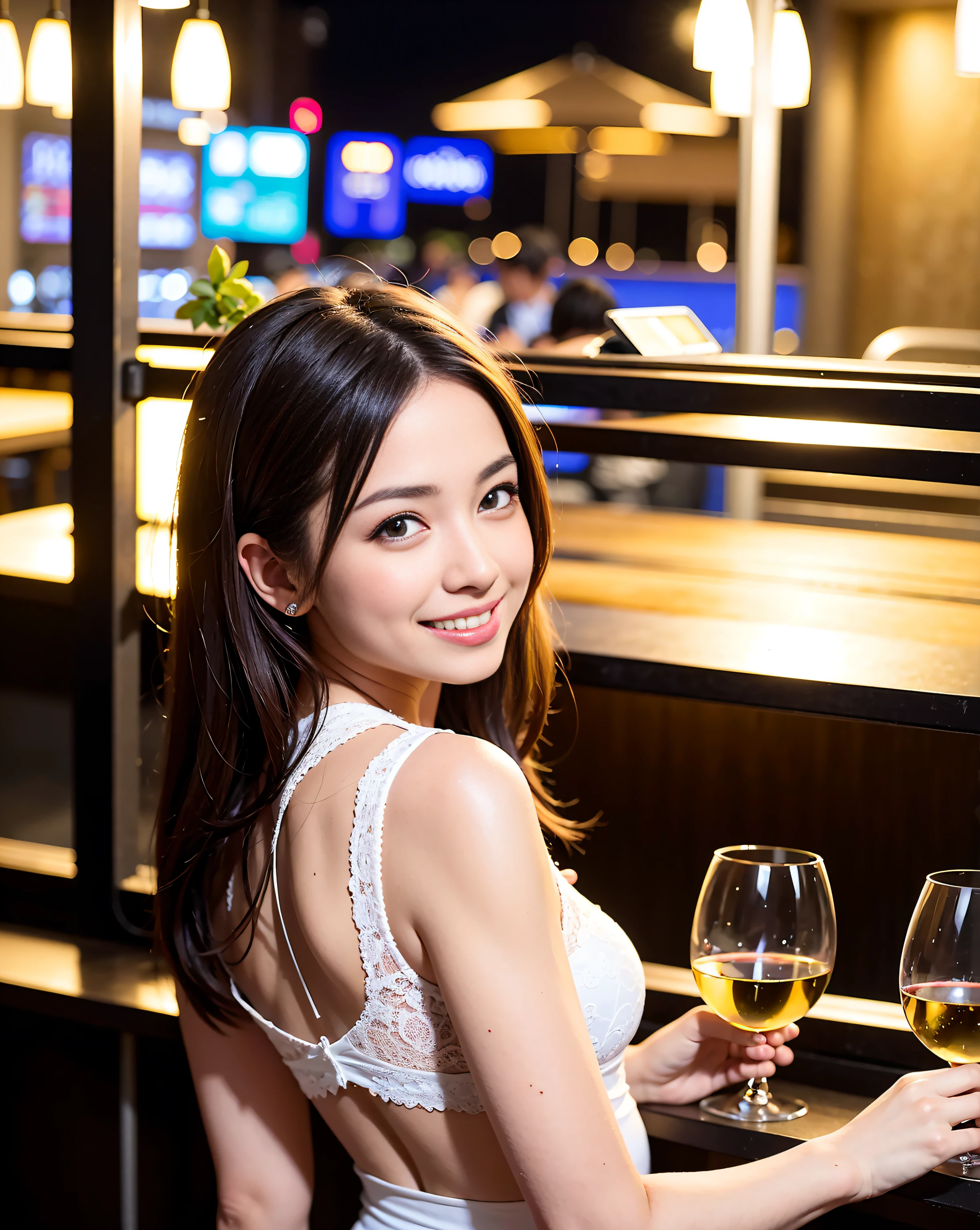 (64K, UHD, top quality, masterpiece: 1.2), (realistic, photorealistic: 1.37), super detailed, pretty woman 1 person, (slim face), (slim body), (brown hair), (short cut), cheeks slightly blushing, (44 years old), 38 years old, solo, beautiful detailed urban night view outside the window, restaurant, wine glasses sit, at night, in a prominent placeNovaFrogStyle, Actress, Model, Waist Up, White Wine, Slim, Wine Glass, Super Clean Night View, Wine Glass Put in the Middle, Happy Smile, (Smile: 1.15), Beautiful Fine Eyes, Upper Body, Bust Japan Up, Night, Short, Short, Actress, Model, Waist Up, White Wine, Slim, Wine Glass, Super Clean Night View, Wine Glass Put in the Middle, Happy Smile,