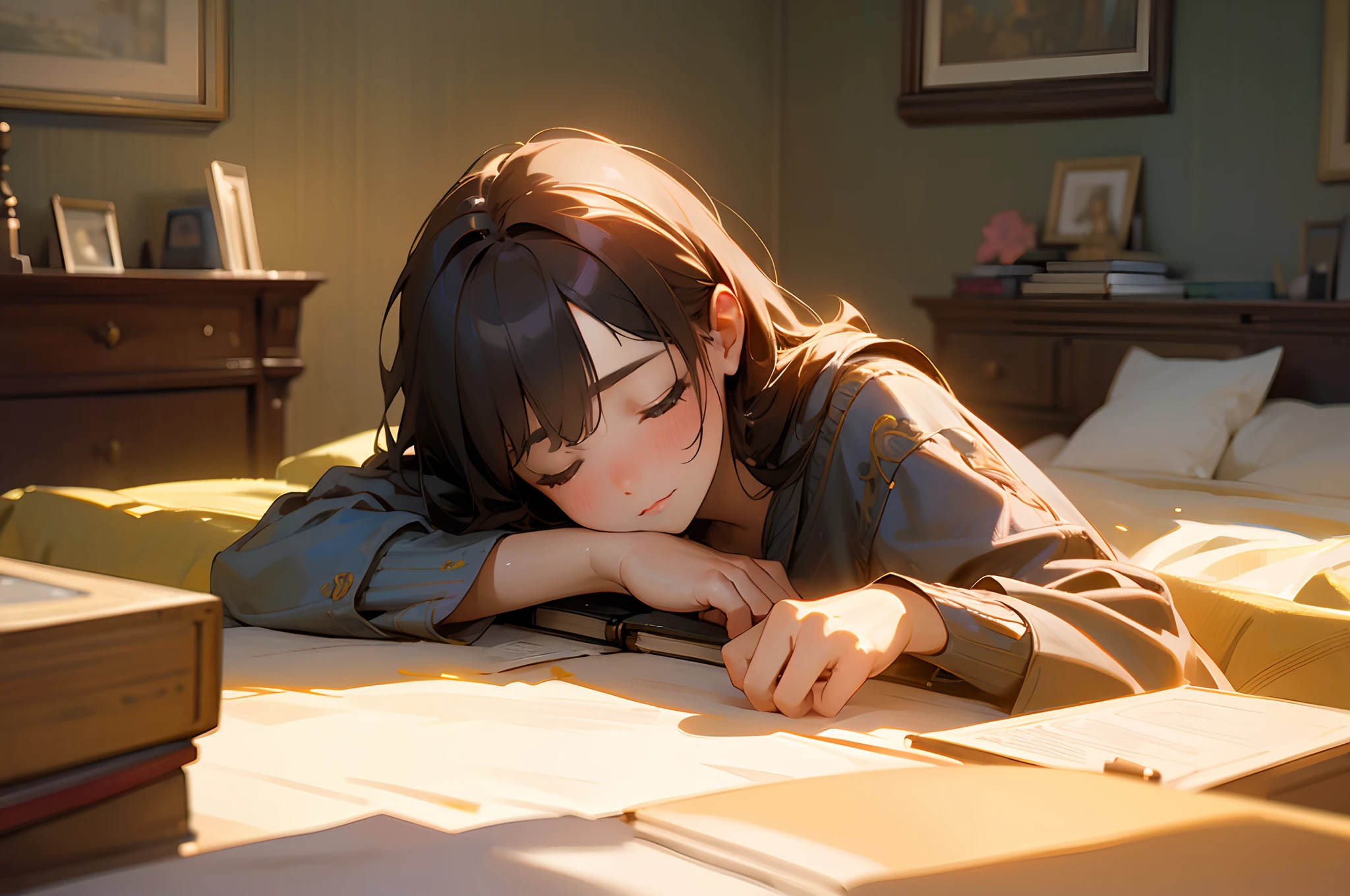 (Masterpiece,Best quality,Award-winning concept wallpaper),(Photorealistic:1.4),A girl fell asleep on the table,Detail surface,Game CG,A high resolution,imagination,bookshelf,Bed,desk,Messy,Youth,Sunshine,Student bedroom,City,Intricate details,