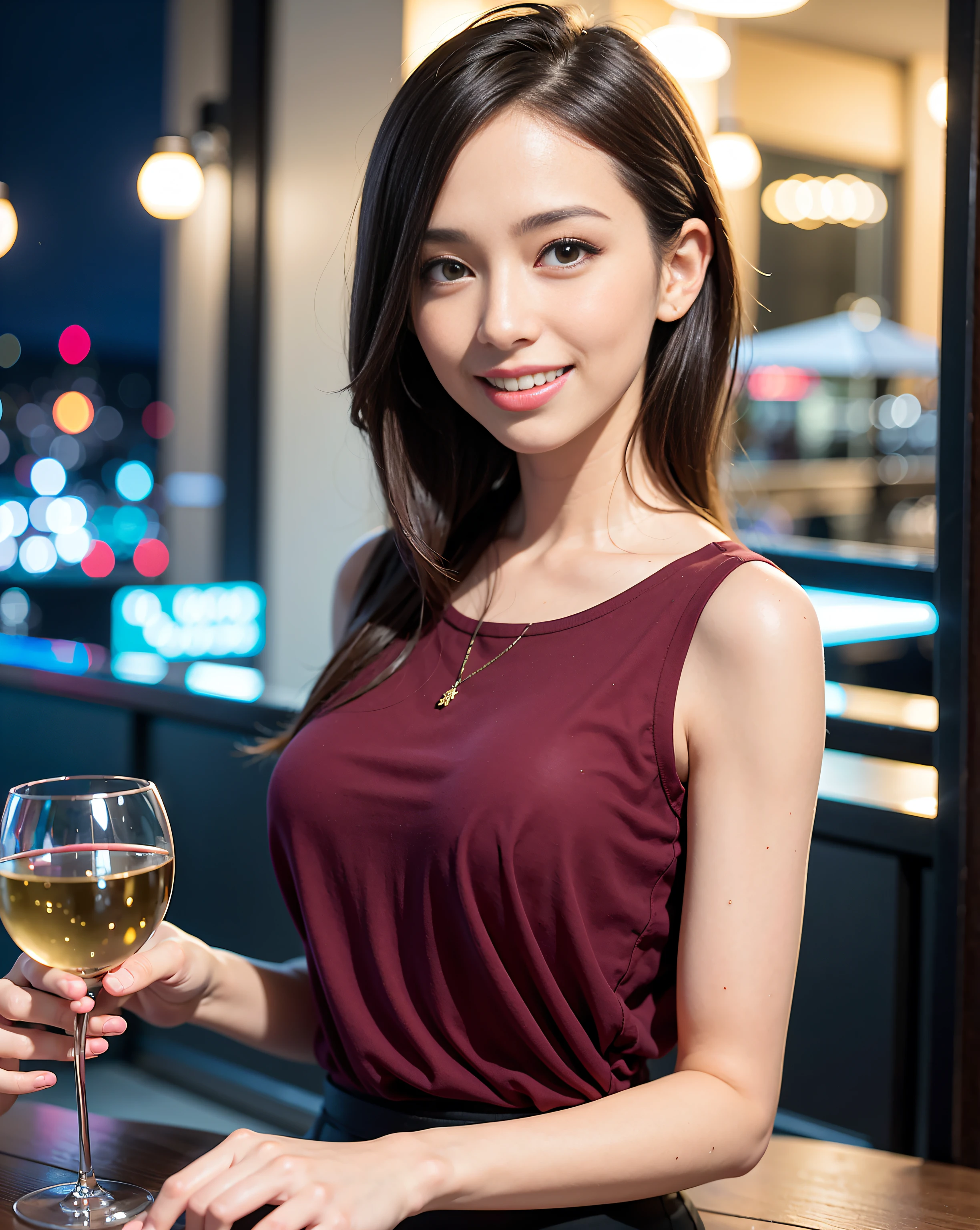 (64K, UHD, top quality, masterpiece: 1.2), (realistic, photorealistic: 1.37), super detailed, pretty woman 1 person, (slim face), (slim body), (brown hair), (short cut), cheeks slightly blushing, (44 years old), 38 years old, solo, beautiful detailed urban night view outside the window, restaurant, wine glasses sit, at night, in a prominent placeNovaFrogStyle, Actress, Model, Waist Up, White Wine, Slim, Wine Glass, Super Clean Night View, Wine Glass Put in the Middle, Happy Smile, (Smile: 1.15), Beautiful Fine Eyes, Upper Body, Bust Japan Up, Night, Short, Short, Actress, Model, Waist Up, White Wine, Slim, Wine Glass, Super Clean Night View, Wine Glass Put in the Middle, Happy Smile,