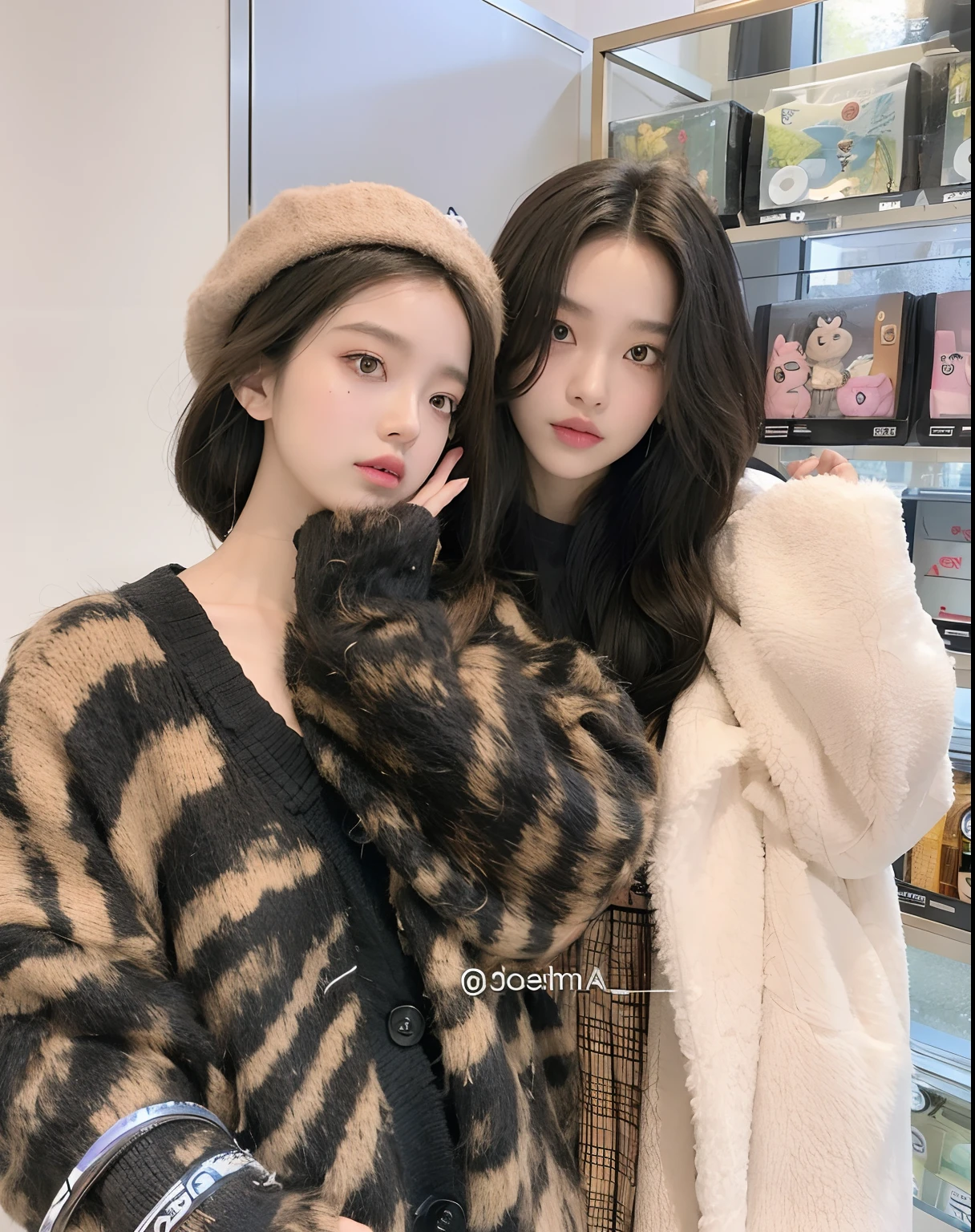 Two young women posing for a photo in a shop, Jisoo de Blackpink, ulzzang, Jisoo de Blackpink, Retrato Jisoo Blackpink, dilraba dilmurat, con el mismo peinado, Ruan Jia y ArtGerm, Tendencias en CGVeStation, beautiful gemini twins, Tendencias en CGVatstation