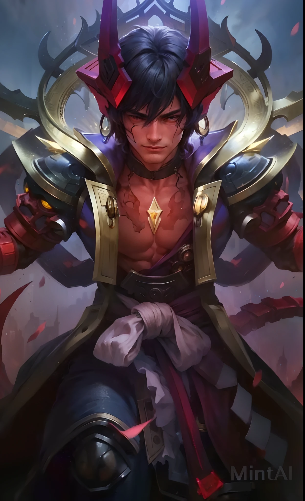 (Intricate Details, Masterpiece, Best Quality, High Resolution, 8k), (1man), (male:1.2), mature, dandy face, finely detailed eyes and face, toned body, masculine appeal, commanding presence, hot stud, bulging biceps and triceps, well-developed quadriceps and hamstrings, light skin, burgundy straight layered bangs hair, aquamarine eyes,  ornate details,  portrait, solo, half shot, looking down, detailed background, detailed face, (cogpunkai, cogpunk theme:1.1),  tech-mage,   [magic|technology], melding of spellcraft and advanced technology,  intricate [spellcasting clothes|mechanical gear], gear shaped glyphs,  ancient crystals,  [gears|ancient spell],  floating particles,  [innovative|enchanting] aura, high tech vehicle in background,   , finely detailed background, Depth of Field, VFX, young man and handsome