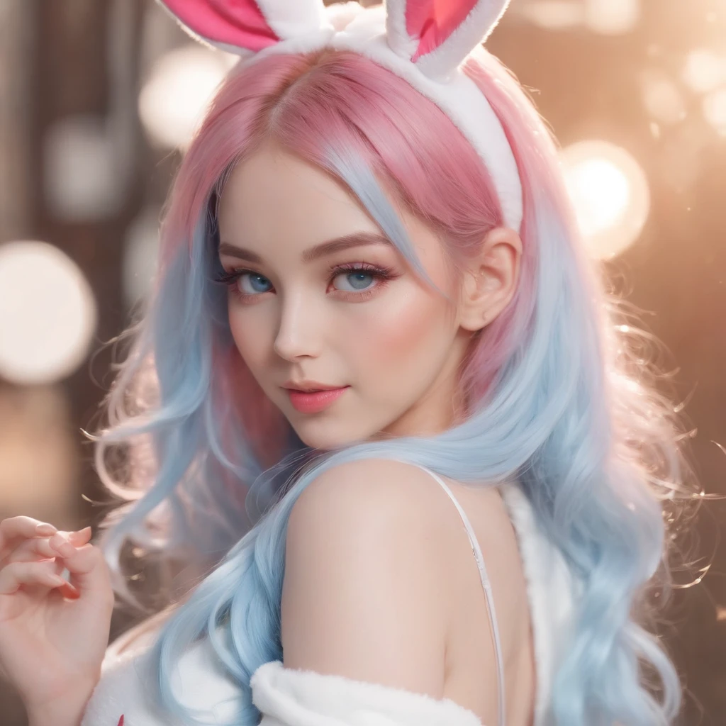 (Best quality:1.3),4K,8K,8K portrait,16 k,(masutepiece:1.2),1girl in,Solo,(Maximalism:1.5),opals,ultra - detailed,absurderes,(Very detailed beautiful face and eyes:1.3), (Beautiful hair in high detail:1.3),Delicate composition, (full bodyesbian:1.5),(full-length figure:1.5), Super cute girl,(Medium hair:1.4),Pink eyes,Light blue eyes,(Pink hair:1.2),(Light blue hair:1.4),(a playboy bunny:1.6),(Jewelry hair accessories:1.3), (jewelry eyes:1.3),(eyeslashes:1.2),(symbol in eyes:1.3),(A high resolution, Twinkle,glitters,Lens flare,light particules,Shining:1.3),(Cute:1.5)