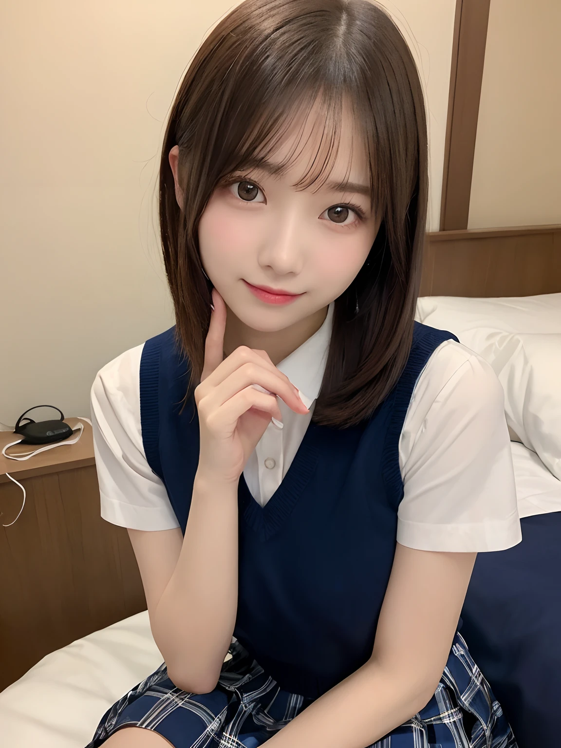 highest quality、figure、 Ultra-detailed、High resolution、8k wallpaper、Perfect dynamic composition,、Beautiful fine details、Natural color lip、Bold sexy pose、smile、14-year-old girl、cute、Sexy shot looking at the camera、(highest quality: 1.3), (masterpiece: 1.3), (Super Detail: 1.3), (One Girl: 1.1), (Detailed hands and fingers:1.2)、(Ultra-oily, lustrous skin with attention to detail:1.1)、Oily shiny knee socks、(The perfect school girl uniform:1.3)、Cleavage、sexy、(Beautiful shapely small breasts:1.3)、I can see your thighs、Brown Hair、Very short hairstyle、Beautiful sister、Yellow wall,sexy、I can see your thighs、