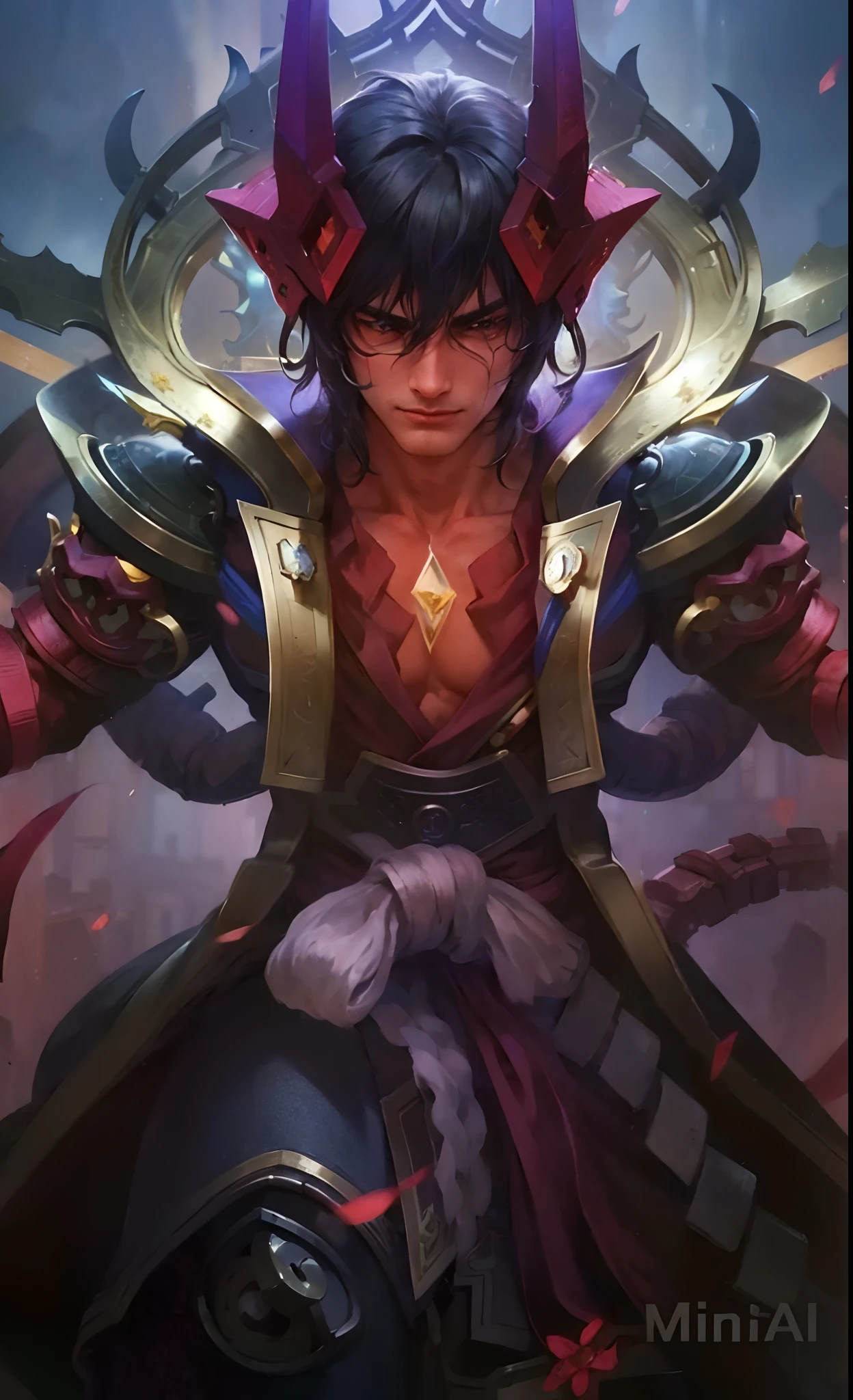 (Intricate Details, Masterpiece, Best Quality, High Resolution, 8k), (1man), (male:1.2), mature, dandy face, finely detailed eyes and face, toned body, masculine appeal, commanding presence, hot stud, bulging biceps and triceps, well-developed quadriceps and hamstrings, light skin, burgundy straight layered bangs hair, aquamarine eyes,  ornate details,  portrait, solo, half shot, looking down, detailed background, detailed face, (cogpunkai, cogpunk theme:1.1),  tech-mage,   [magic|technology], melding of spellcraft and advanced technology,  intricate [spellcasting clothes|mechanical gear], gear shaped glyphs,  ancient crystals,  [gears|ancient spell],  floating particles,  [innovative|enchanting] aura, high tech vehicle in background,   , finely detailed background, Depth of Field, VFX, young man and handsome