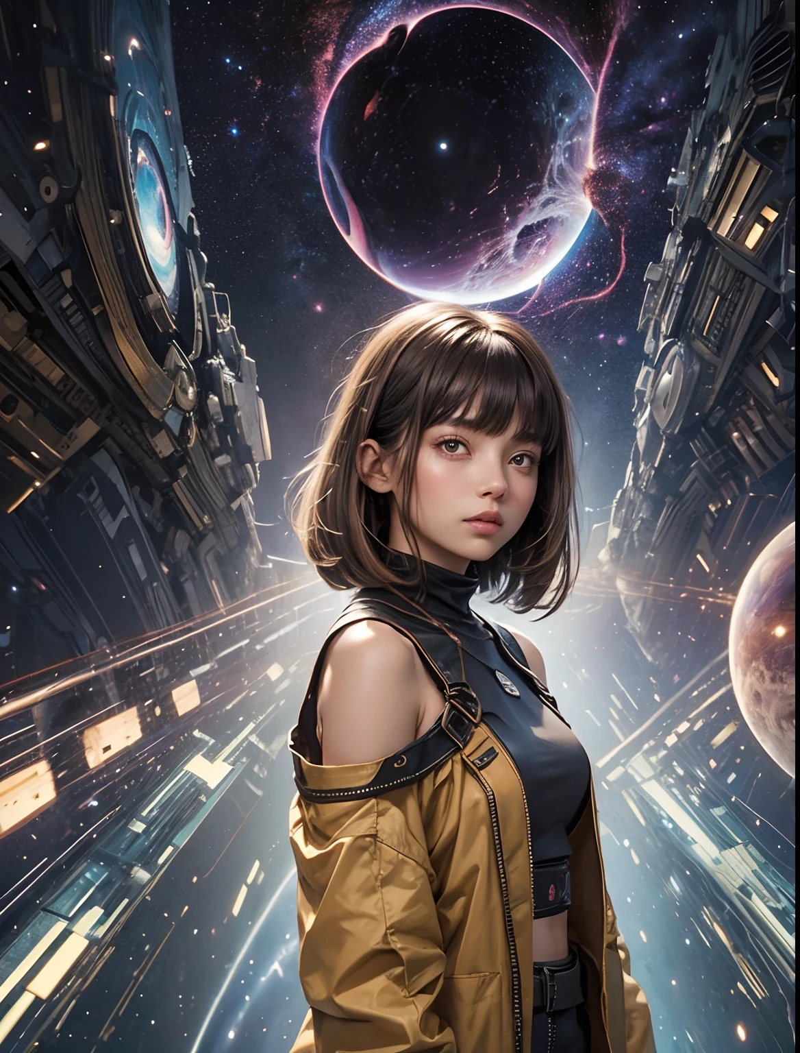 Female upper body image. Image of a wormhole in the space behind a woman. Image of parallel world on female background. Beauty in the late teens. Her bangs are down. shoulder-length brown hair . Modern clothes. Standing in the middle of the night city with a serious expression. ((( Images of multiple parallel worlds overlapping human background.))) 8K image quality.