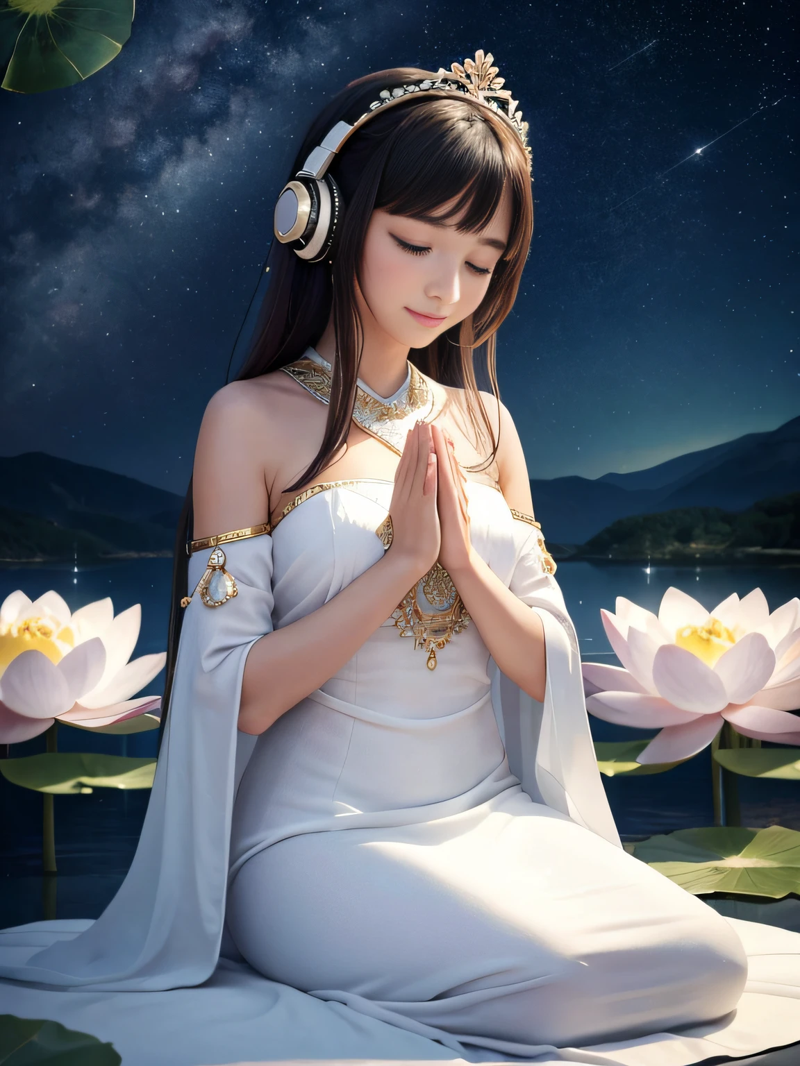 top-quality，tmasterpiece：1.2，Detailed details，Wearing headphones、Beautiful young goddess gently closed her eyes，gently smiling. She folded her hands in prayer meditation. She wore a white dress，Stars shining in the blue night sky, You are sitting on a lotus flower，In a fantastic atmosphere，Feel as if you are one with the universe. High Definition, 8K