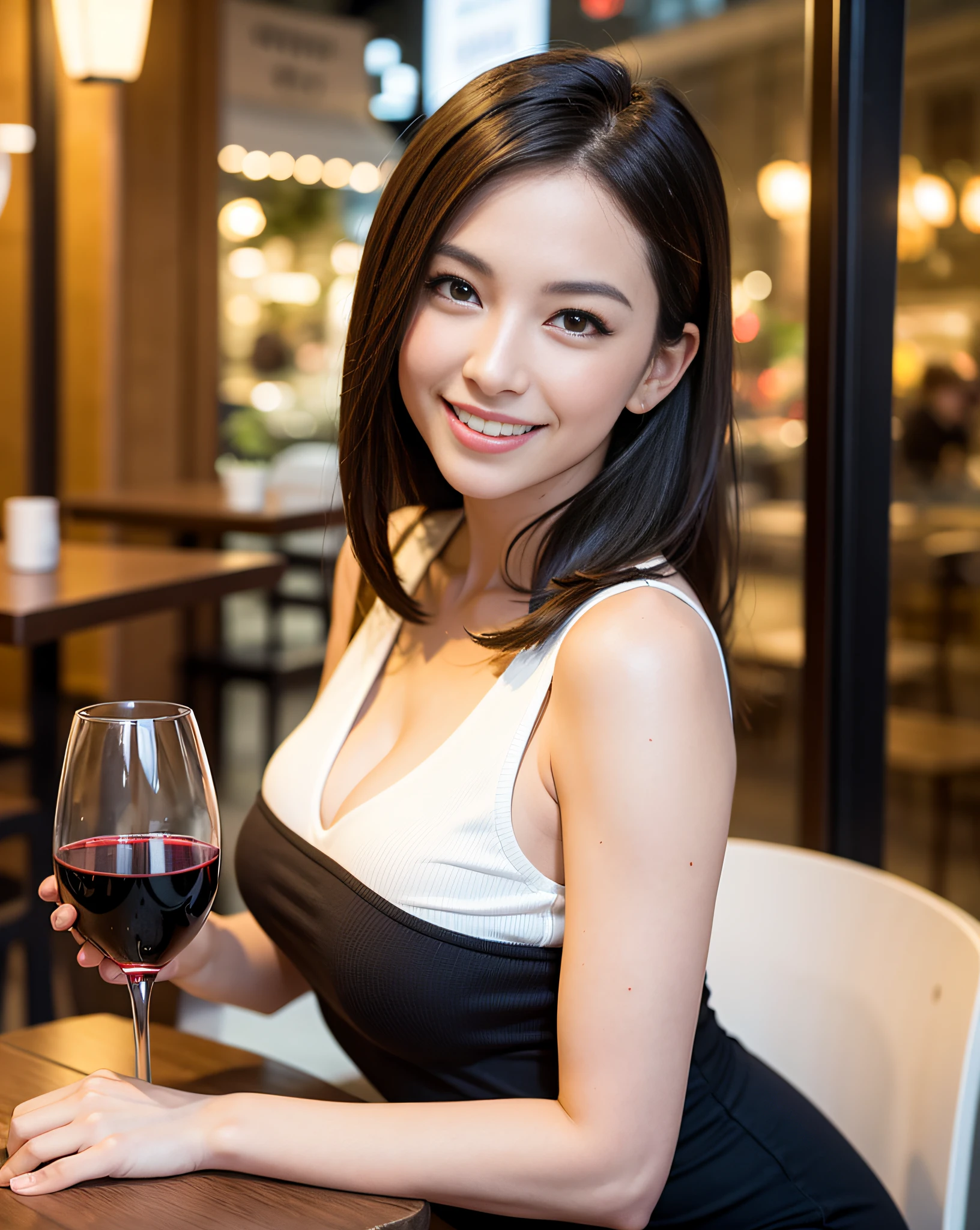 (64K, UHD, top quality, masterpiece: 1.2), (realistic, photorealistic: 1.37), super detailed, pretty woman 1 person, (slim face), (slim body), (brown hair), (short cut), cheeks slightly blushing, (44 years old), 38 years old, solo, beautiful detailed urban night view outside the window, restaurant, wine glasses sit, at night, in a prominent placeNovaFrogStyle, Actress, Model, Waist Up, White Wine, Slim, Wine Glass, Super Clean Night View, Wine Glass Put in the Middle, Happy Smile, (Smile: 1.15), Beautiful Fine Eyes, Upper Body, Bust Japan Up, Night, Short, Short, Actress, Model, Waist Up, White Wine, Slim, Wine Glass, Super Clean Night View, Wine Glass Put in the Middle, Happy Smile,