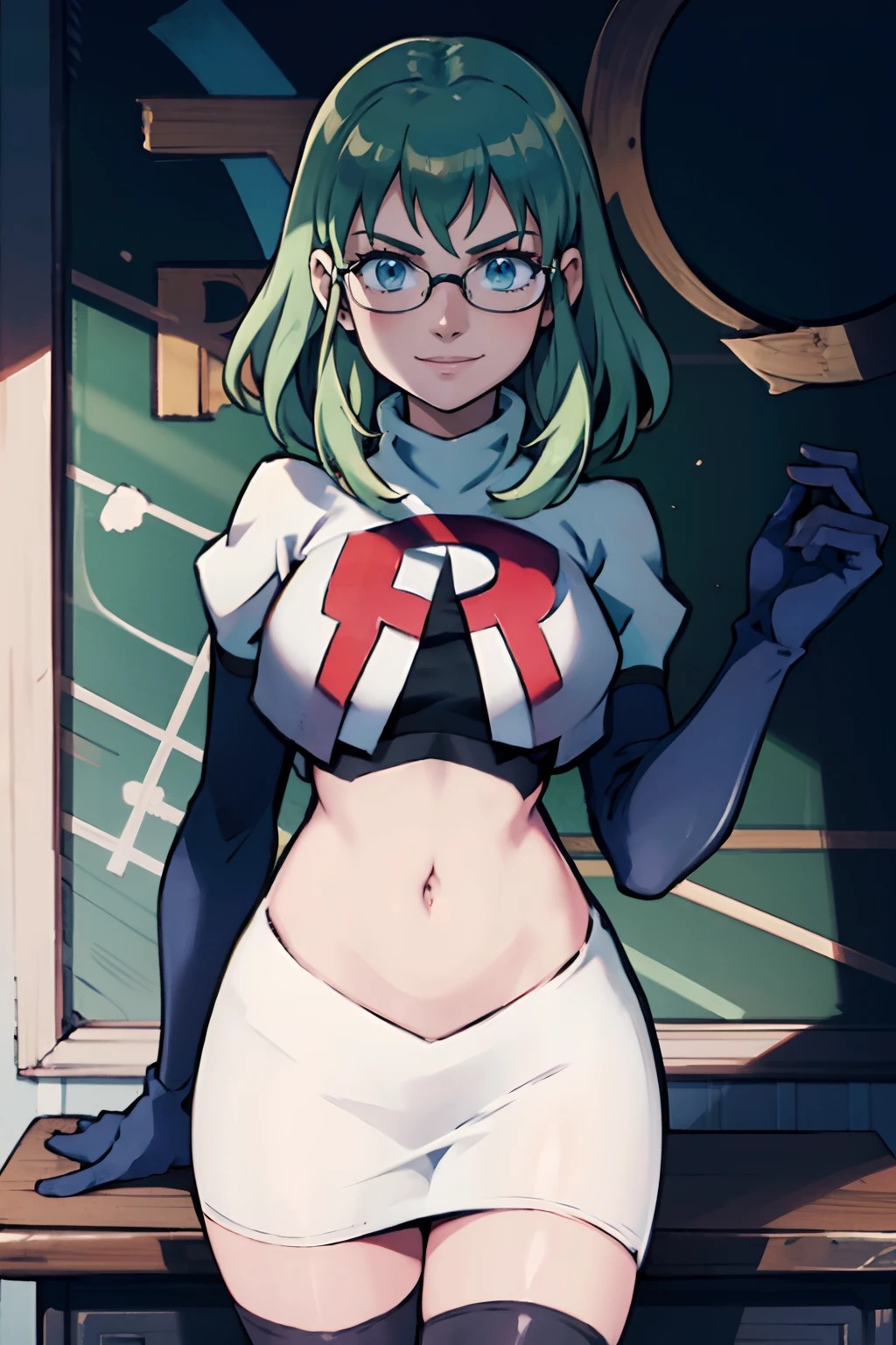 fembyleth, light green hair, glasses, team rocket,team rocket uniform, red letter R, white skirt,white crop top,black thigh-highs,black elbow gloves, warm smile, looking at viewer, ready to teach her lesson, Classroom, blackboard with lessons of team rocket