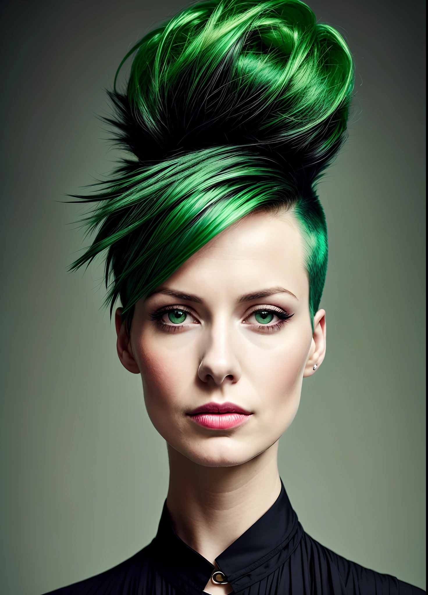 portrait of 30-yo woman by Flora Borsi, style by Flora Borsi, bold, bright colours, green Mohawk haircut, ((Flora Borsi)),