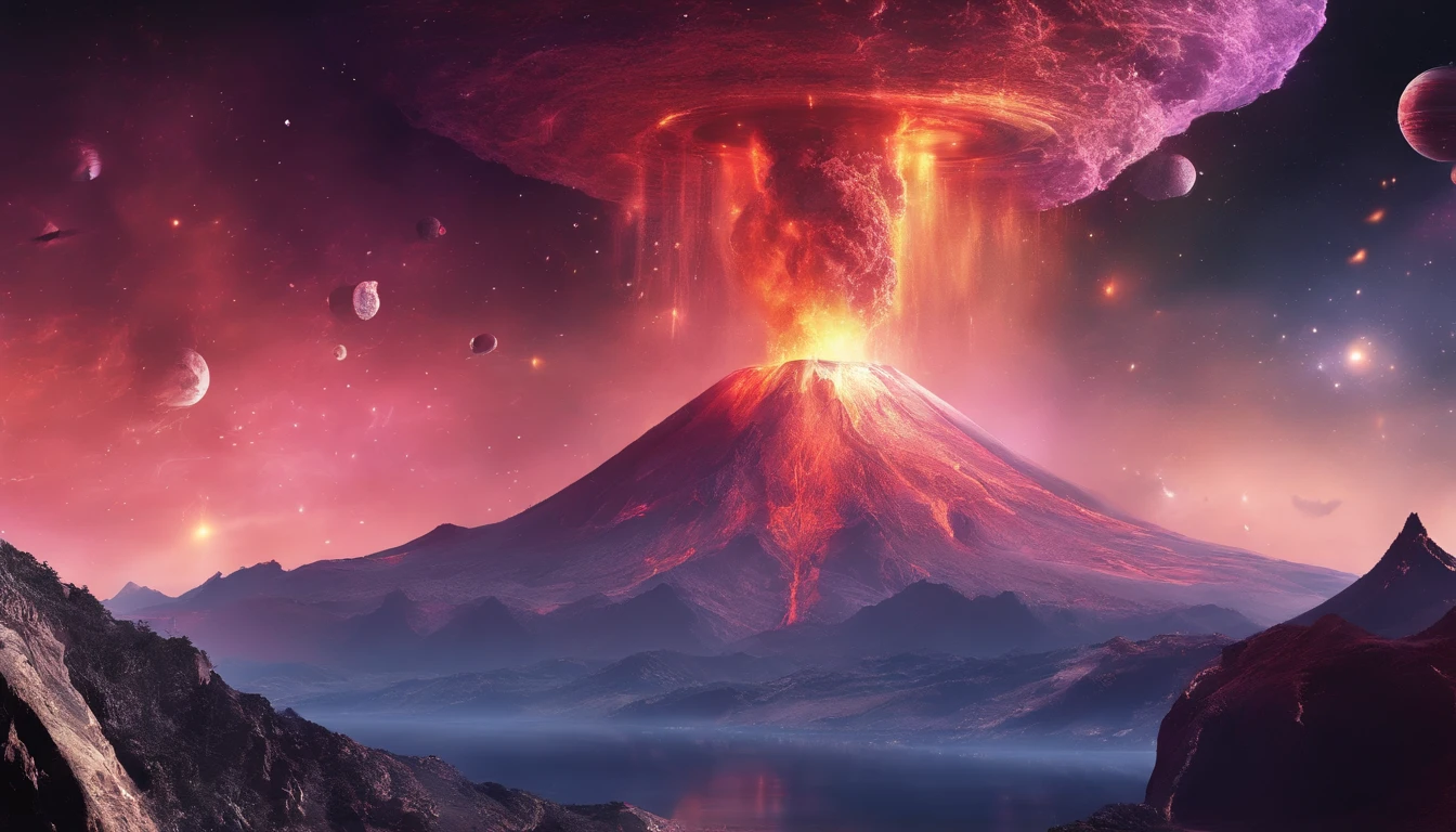 volcano exploding,Magma splashes,Giant flying saucers in the crater,super-fine,Works of masters,Best picture quality,Ultra-clear,8K分辨率