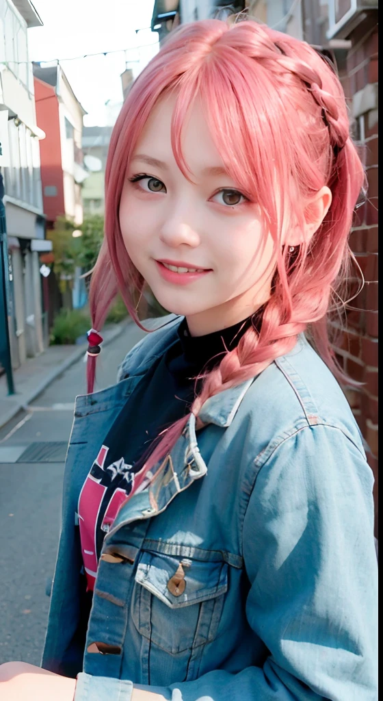 (masutepiece), cute little, (:1.4), Solo, 1 woman, (Charming punk girl), Blue eyes,faces、(A smile:1.5),Playing guitar, (Front face), (Leather jackets and tattoos), (Band T-shirt), (Ripped jeans), ((Urban alley background)), (up close shot), Beautiful hands, Two hands, normal hands, Two arms, complete hands, Beautiful body, Beautiful fingers, normal fingers, Five Fingers, Five Fingers, (Thumb index finger ring finger), Beautiful ears, normal ears, Beautiful eyes, shiny eyes, Beautiful mouth, Beautiful lips,Medium hair with pink hair, (Pink hair), Ear Hair, small tits, Single braid, (Single braid), (Side braid)