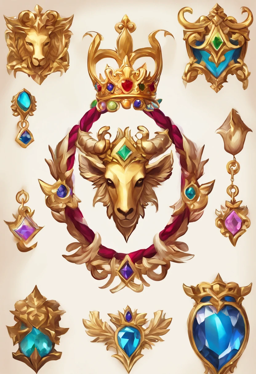 Gemstone design，Jewelry design，a jewellery design，Medallion with metal sheep's head close-up，tiara crown，hearthstone art style, Hearthstone style art, hearthstone concept art, Riot game concept art, style of league of legends, iconic character splash art, League of Legends Crown，Game badge，Surrounding metal feathers，Red gold，c4d渲染，Less detail，less detailing，Huge metal sheep's head in the middle，inlaid gemstones