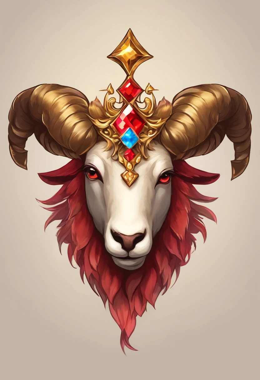 Gemstone design,Jewelry design,a jewellery design,Medallion with metal sheep's head close-up,tiara crown,hearthstone art style, Hearthstone style art, hearthstone concept art, Riot game concept art, style of league of legends, iconic character splash art, League of Legends Crown,Game badge,Surrounding metal feathers,Red gold,c4d渲染,Less detail,less detailing,Huge metal sheep's head in the middle,inlaid gemstones