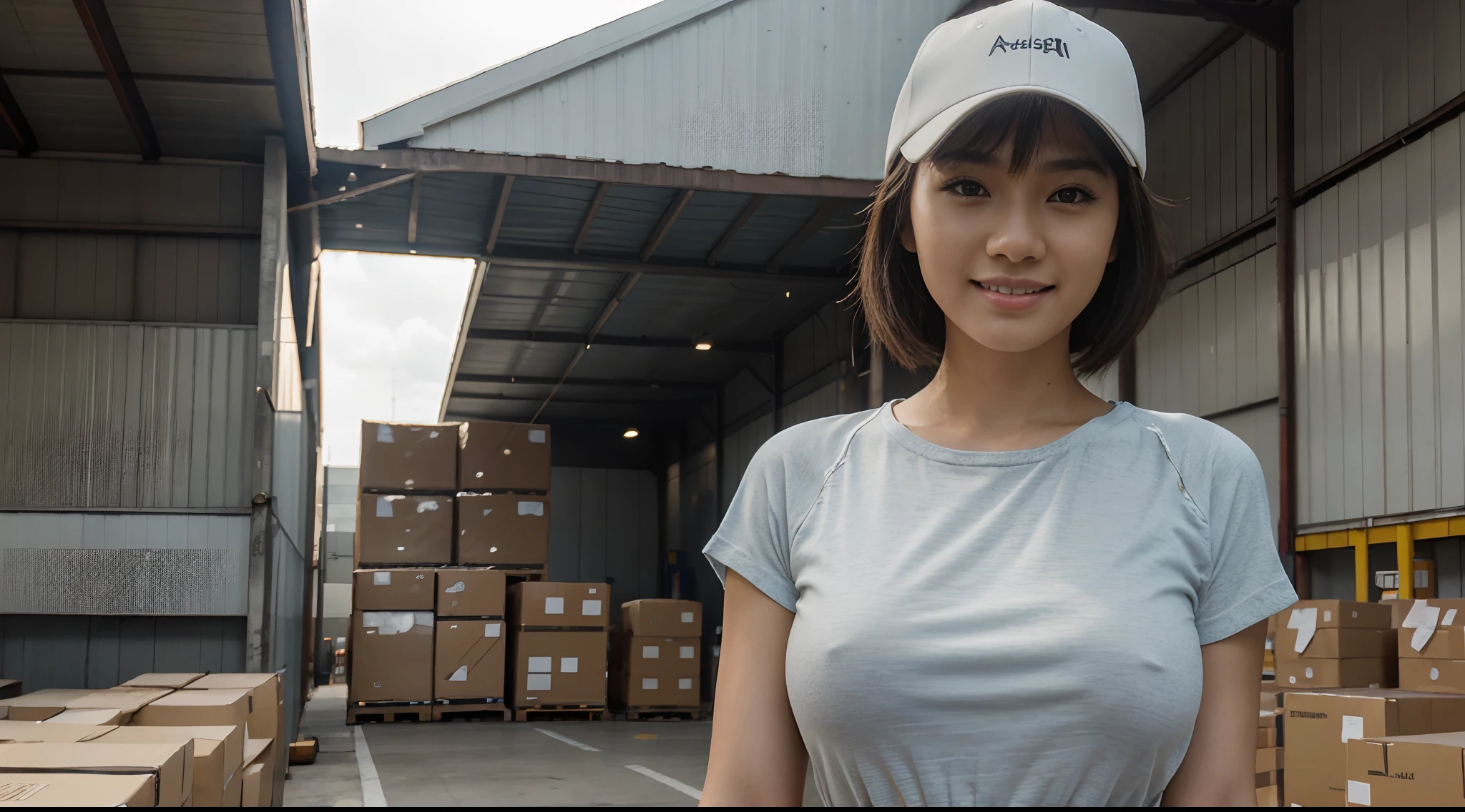 Slender Asian Girl, ((ecommerce)), ((Top  Quality, 8K, Masterpiece: 1.3)), foco nítido: 1.2, a beautiful woman with perfect figure: 1.4, The face and skin texture are delicately depicted, Detailed Eyes, skiny, beautifull face, symmetrical face, full-length, wearing plain blue t shirt, wearing plain yellow trucker cap, Gravure pose, warehouse background, ecommerce, filipina, pinay, warehouse background, ecommerce, smiling, happy, pinay, filipina, filipino women, volumetric lighting