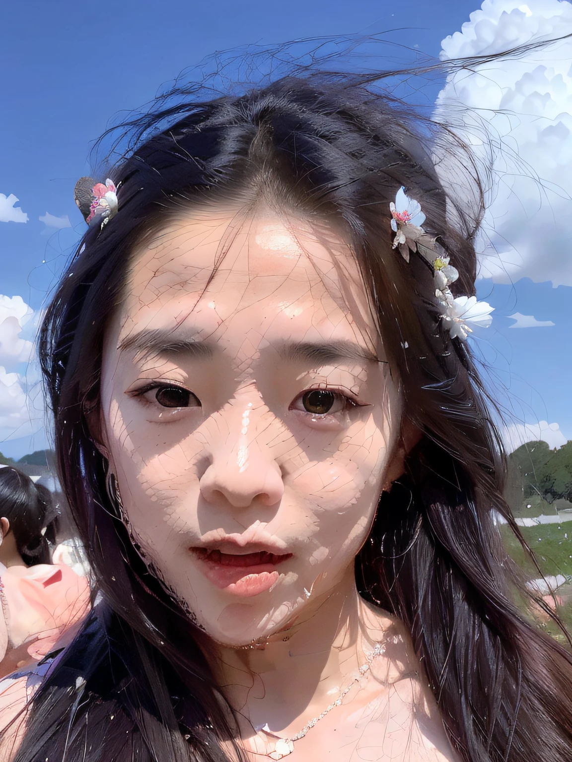 Araved woman with long hair and cat ears standing in the field, Asian face, 30 year-old woman, 3 0 years old woman, mai anh tran, Wide forehead, nomake-up, wenfei ye, xintong chen, Zhang Wanting, An Asian woman, High forehead, deformed face, Face picture, with no facial features, forehead only