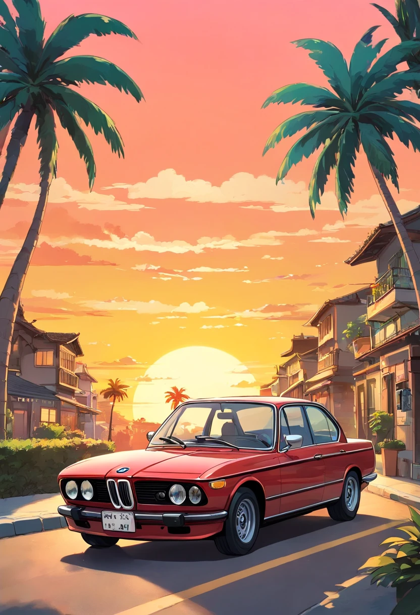 Sticker design, Classic BMW car, Sunset background, Palm trees, 5 colors of layers, Corner Street, Beleq drum, Presean, car in black color