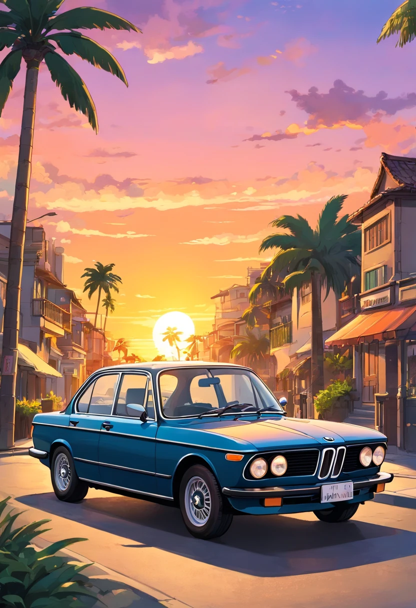 Sticker design, Classic BMW car, Sunset background, Palm trees, 5 colors of layers, Corner Street, Beleq drum, Presean, car in black color