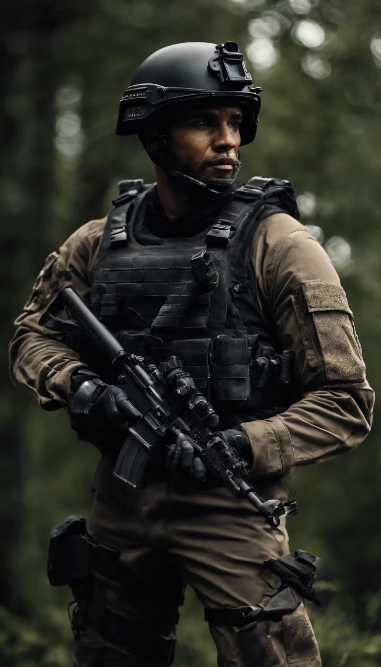 (Best quality,4K,8K,A high resolution,Masterpiece:1.2),Ultra-detailed,(Realistic,Photorealistic,photo-realistic:1.37), One of them was wearing a black SWAT uniform,Man in black helmet, A man in a black mask holds a gun, Air rifle CQB, French Special Operations, realistic soldiers, Soldiers in tactical equipment, tactical gear, cinematic —ar 16:9, realistic military equipment, Tactical armor, Black tactical equipment, combat outfit, Futuristic soldier costume, special forces security