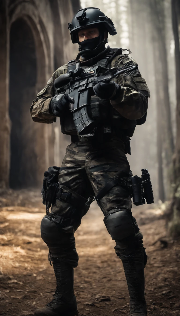 (Best quality,4K,8K,A high resolution,Masterpiece:1.2),Ultra-detailed,(Realistic,Photorealistic,photo-realistic:1.37), One of them was wearing a black SWAT uniform，Man in black helmet, A man in a black mask holds a gun, Air rifle CQB, French Special Operations, realistic soldiers, Soldiers in tactical equipment, tactical gear, cinematic —ar 16:9, realistic military equipment, Tactical armor, Black tactical equipment, combat outfit, Futuristic soldier costume, special forces security