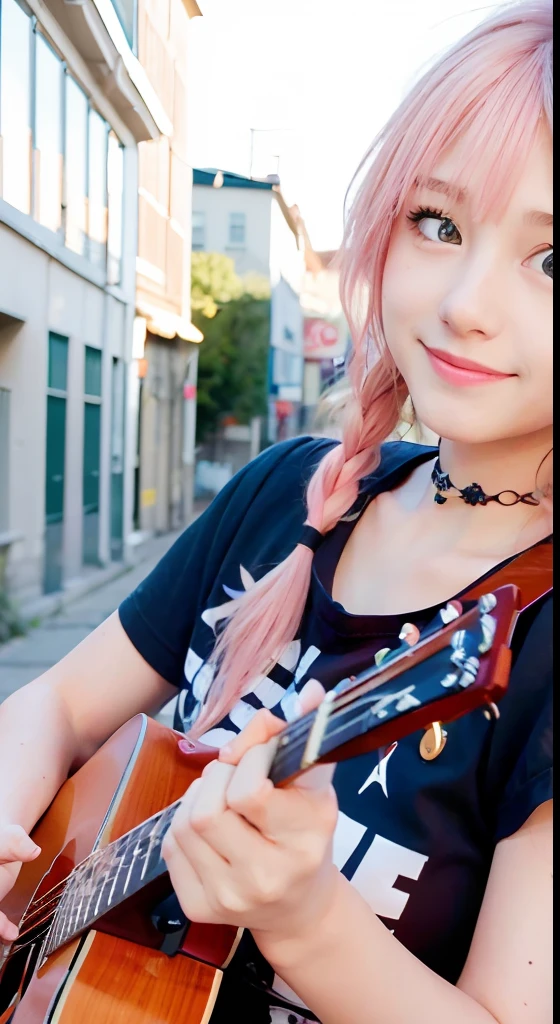 (masutepiece), cute little, (18year old:1.4), Solo, 1 woman, (Charming punk girl), Blue eyes,faces、(A smile:1.5),Playing guitar, (Front face), (Leather jackets and tattoos), (Band T-shirt), (Ripped jeans), ((Urban alley background)), (up close shot), Beautiful hands, Two hands, normal hands, Two arms, complete hands, Beautiful body, Beautiful fingers, normal fingers, Five Fingers, Five Fingers, (Thumb index finger ring finger), Beautiful ears, normal ears, Beautiful eyes, shiny eyes, Beautiful mouth, Beautiful lips,Medium hair with pink hair, (Pink hair), Ear Hair, small tits, Single braid, (Single braid), (Side braid)