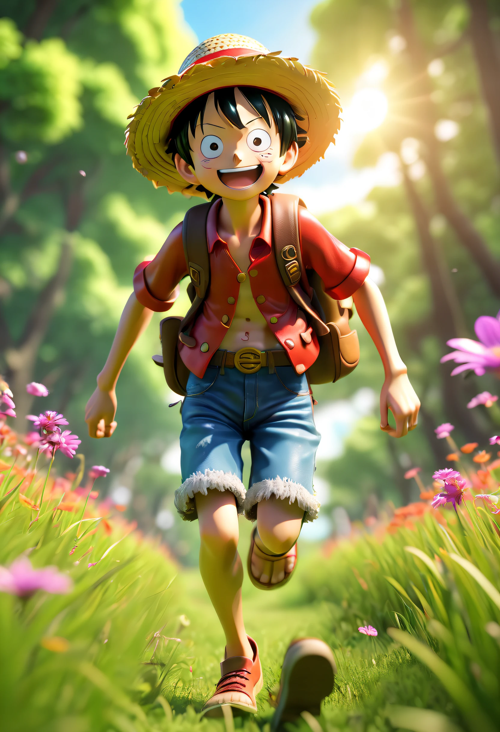 A very cute Luffy, with clear facial features, exquisite eye details, falling flowers, grassland, forest, going to explore, running, colorful colors, front view, wearing bright and bright clothes, straw hat, carrying a rucksack, full of sunlight, super detailed, masterpiece, exquisite, 3d render, oc render, best quality, 8k, clay texture, pixar style, animated light, pop mart, depth of field, amoled, 264k render HD