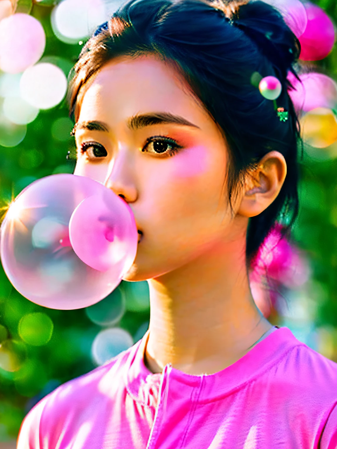 Young beautiful woman, blowing bubble gum, pink bubble gum, asian, wearing casual shirt, blow gum, hdr, 8k, sharp focus, highly detailed, (close up photorealistic portrait), (artful bokeh)