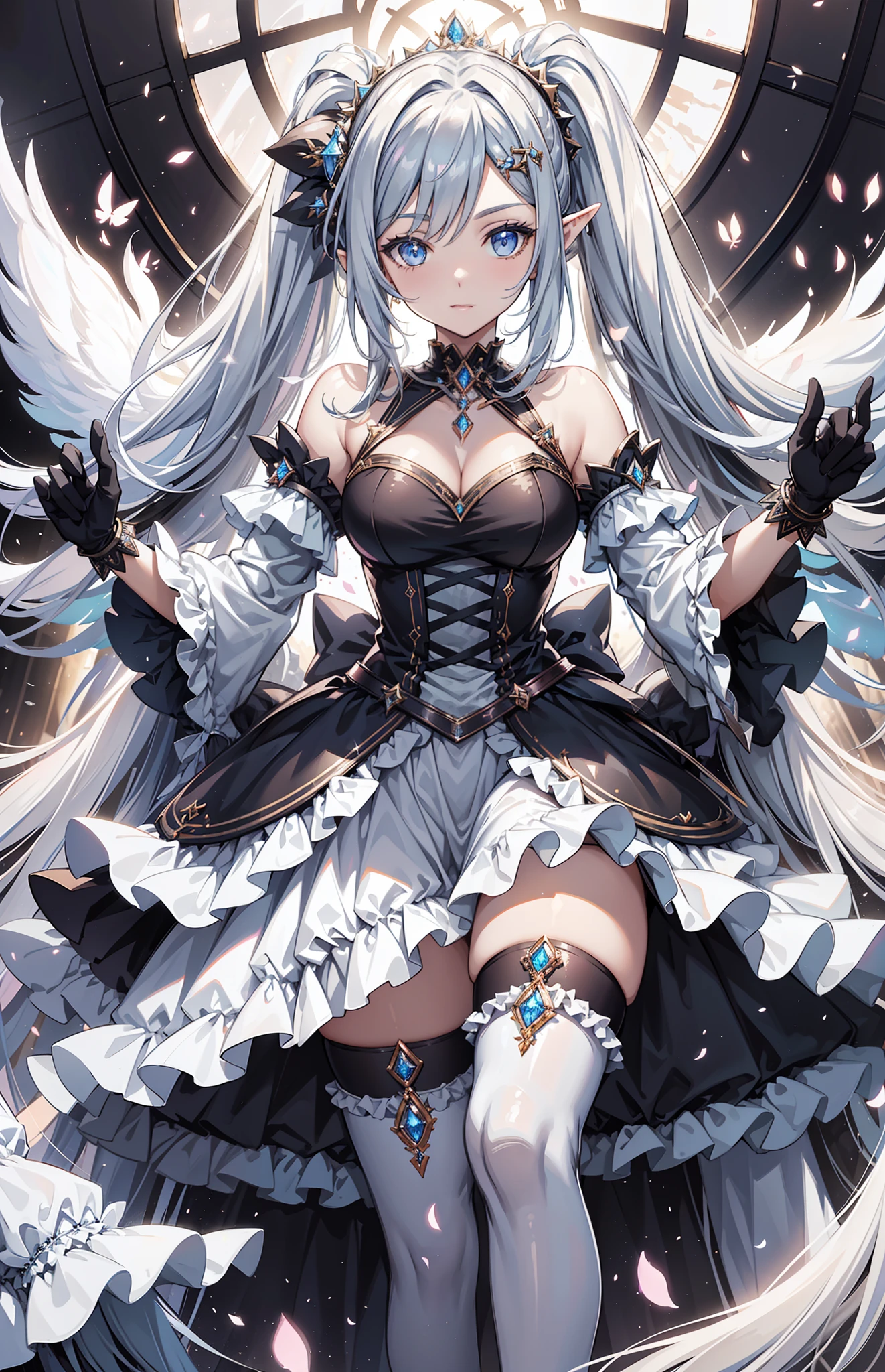 best qualityer，tmasterpiece，Ultimate resolution，downy，Extremely colorful，Colorful，Elven girl，Complete body，Black and white double ponytail，Lolita long dress， White stockings Long legs，Muffin shoes，closeup of face