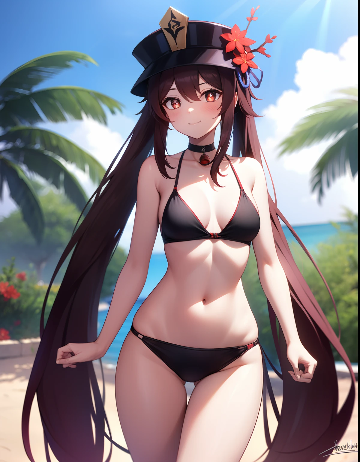 hd,8k,ultra qualty,1girl, ((solo)), hutao_genshin, standing, neck bell, flower, bare arms, very long hair, long hair, twintails, brown hair, red eyes, stomach, cleavage, choker, sidelocks, symbol-shaped pupils, smile, closed mouth, bikini, on stomach, ((flower-shaped pupils)), red bikini, medium breasts, navel, swimsuit, ghost, red flower, black choker, cowboy shot, bare shoulders, hair ornament, strap slip, hair flower, thighs, day, outdoors, thigh gap, plum blossoms, bell, blush, looking at viewer, ((sky)), blue sky, (beach), sea, sand, ((black headwear)), black hat, black chinese hat,