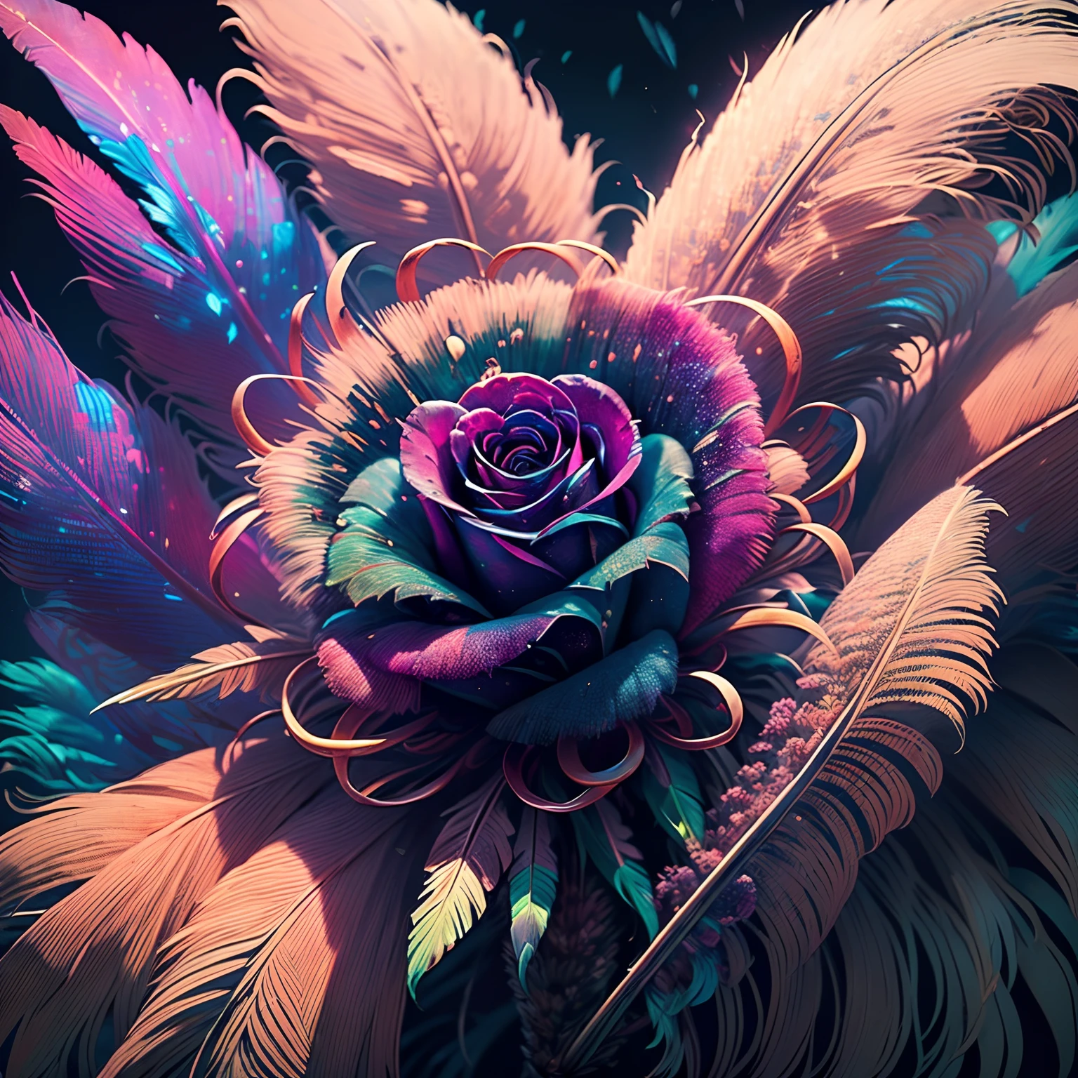 Riff Style 2 (masutepiece, top-quality, Best Quality, Official art, Plants and bird feathers, Beautiful and aesthetic:1.2), (roses、Pampas grass:1.3), Extremely detailed,(Fractal Art:1.1),(Colorful:1.1)(Flowers:1.3),highest details,(Zentangle:1.2), (Dynamic Pose), (Abstract background:1.3), (Shiny skin), (Many colors:1.4), ,(earrings), (Feathers:1.5)