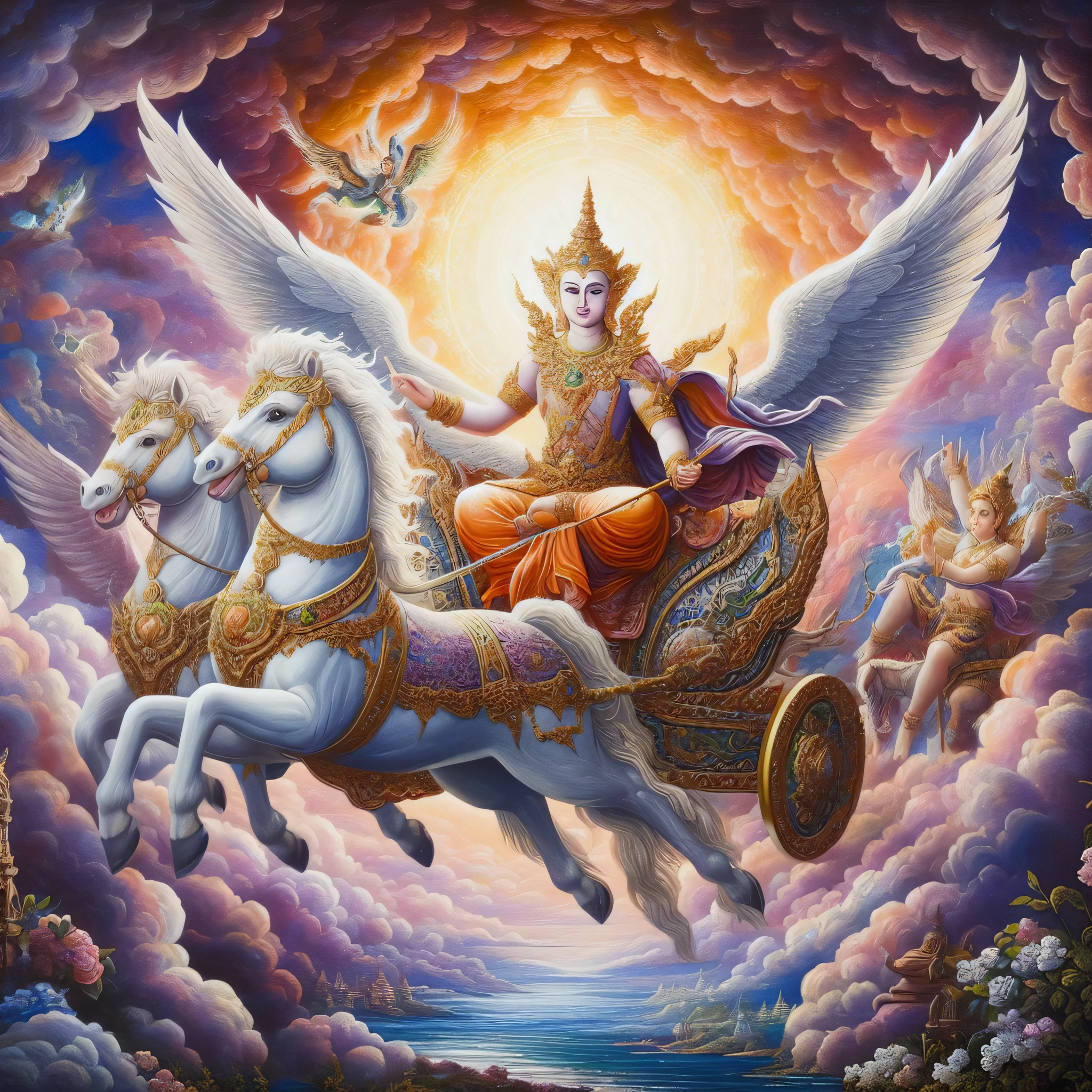 painting of a woman riding a white horse with a winged halo, by Caroline Chariot-Dayez, beautiful godrays, she is arriving heaven, woman riding a flying unicorn, chariot, mythological painting, goddess of love and peace, tarot card the chariot, goddess. extremely high detail, llama angel of sunrise, devi wings, painting of wild hunt in the sky