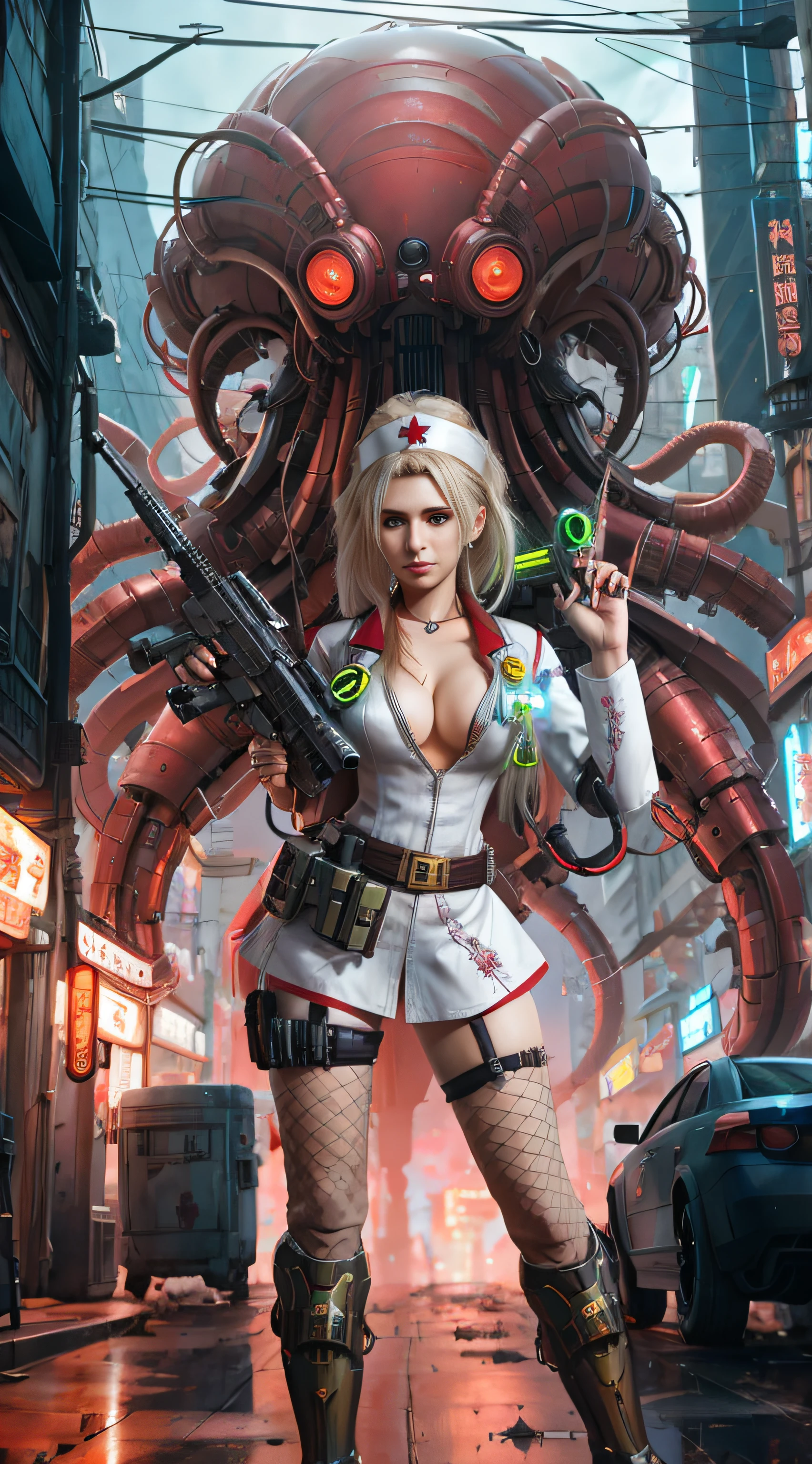 cabellos largos dorados,Arad women in nurses' uniforms carried guns and machine guns, Stylized urban fantasy artwork, Kushatt Krenz Key Art Women, 2. 5 D CGI anime fantasy artwork, an alien robot naughty nurse, Cyberpunk dark fantasy art, cyberpunk angry gorgeous goddess, Badass anime 8 K, nurse girl, karol bak uhd, cover game art