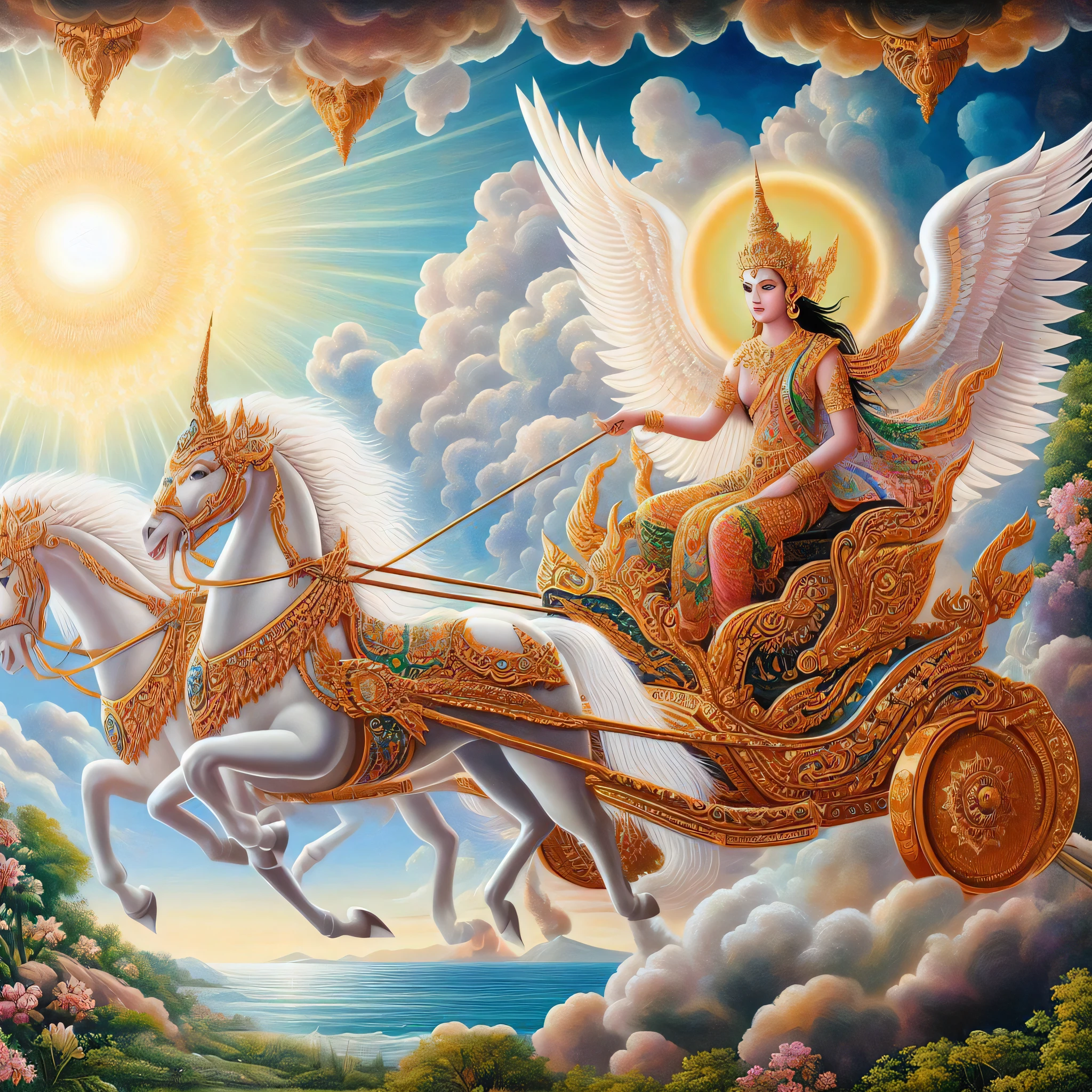 painting of a woman riding a chariot with two horses, chariot, beautiful godrays, woman riding a flying unicorn, she is arriving heaven, tarot card the chariot, goddess of love and peace, goddess of travel, by Caroline Chariot-Dayez, as the goddess of the sun, queen of heaven, pegasus, divine goddess, mythological painting, thailand art