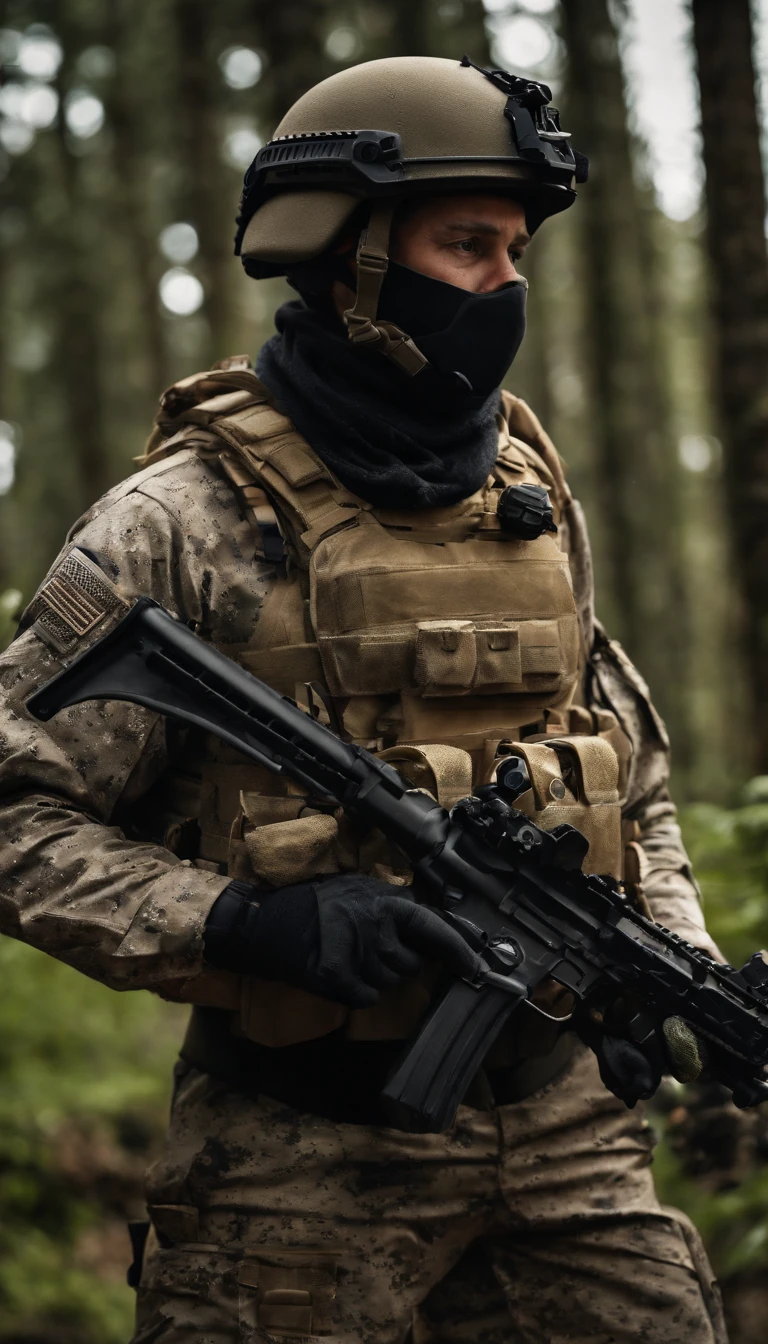 (Best quality,4K,8K,A high resolution,Masterpiece:1.2),Ultra-detailed,(Realistic,Photorealistic,photo-realistic:1.37), One of them was wearing a black SWAT uniform,Man in black helmet, A man in a black mask holds a gun, Air rifle CQB, French Special Operations, realistic soldiers, Soldiers in tactical equipment, tactical gear, cinematic —ar 16:9, realistic military equipment, Tactical armor, Black tactical equipment, combat outfit, Futuristic soldier costume, special forces security
