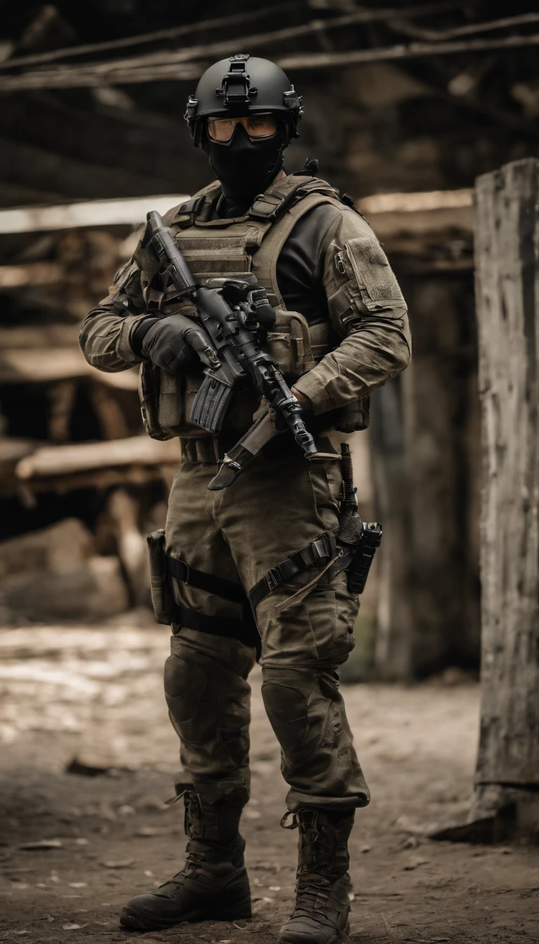 (Best quality,4K,8K,A high resolution,Masterpiece:1.2),Ultra-detailed,(Realistic,Photorealistic,photo-realistic:1.37), One of them was wearing a black SWAT uniform,Man in black helmet, A man in a black mask holds a gun, Air rifle CQB, French Special Operations, realistic soldiers, Soldiers in tactical equipment, tactical gear, cinematic —ar 16:9, realistic military equipment, Tactical armor, Black tactical equipment, combat outfit, Futuristic soldier costume, special forces security