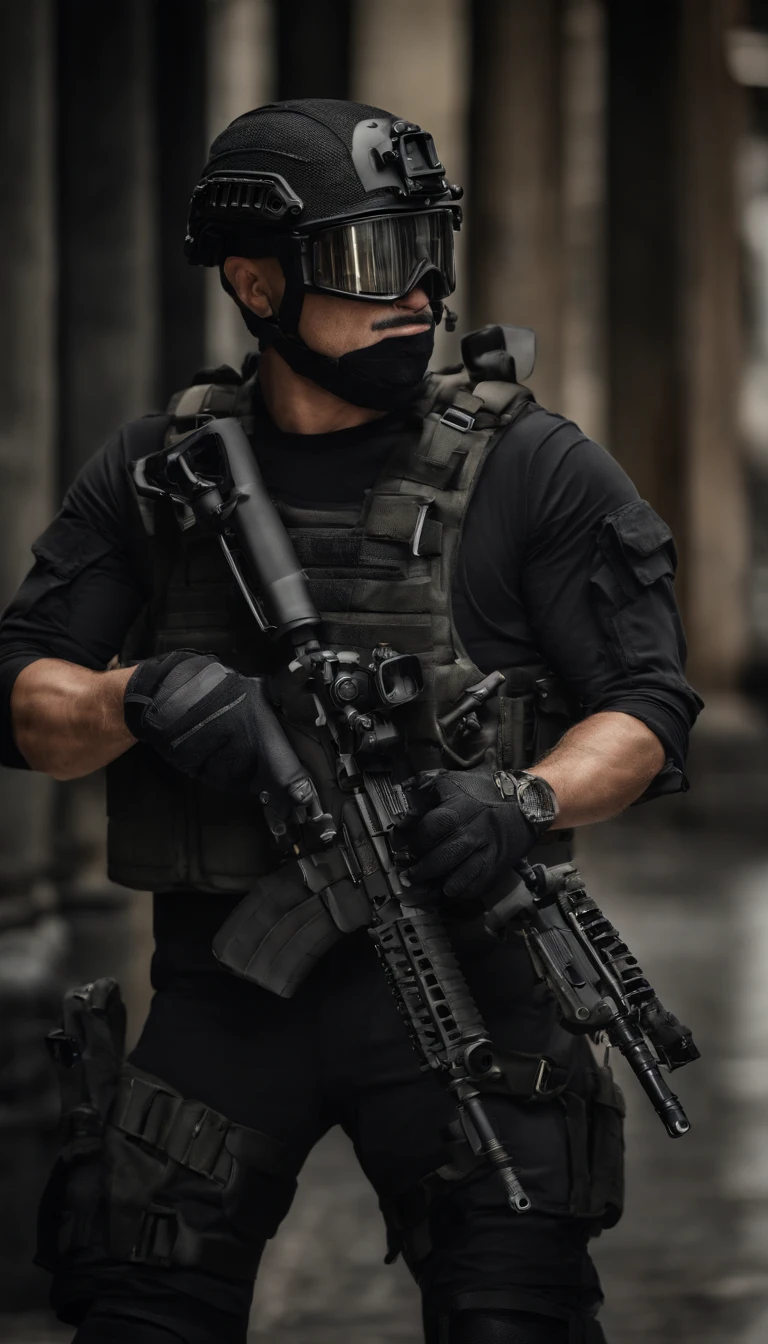 (Best quality,4K,8K,A high resolution,Masterpiece:1.2),Ultra-detailed,(Realistic,Photorealistic,photo-realistic:1.37), One of them wore a black SWAT uniform，Man in black helmet, A man in a black mask holds a gun, Air rifle CQB, French Special Operations, realistic soldiers, Soldiers in tactical equipment, tactical gear, cinematic —ar 16:9, realistic military equipment, Tactical armor, Black tactical equipment, combat outfit, Futuristic soldier costume, special forces security(Best quality,4K,8K,A high resolution,Masterpiece:1.2),Ultra-detailed,(Realistic,Photorealistic,photo-realistic:1.37), One of them wore a black SWAT uniform，Man in black helmet, A man wearing a black skull mask holds a gun, Air rifle CQB, French Special Operations, realistic soldiers, Soldiers in tactical equipment, tactical gear, cinematic —ar 16:9, realistic military equipment, Tactical armor, Black tactical equipment, combat outfit, Futuristic soldier costume, special forces security